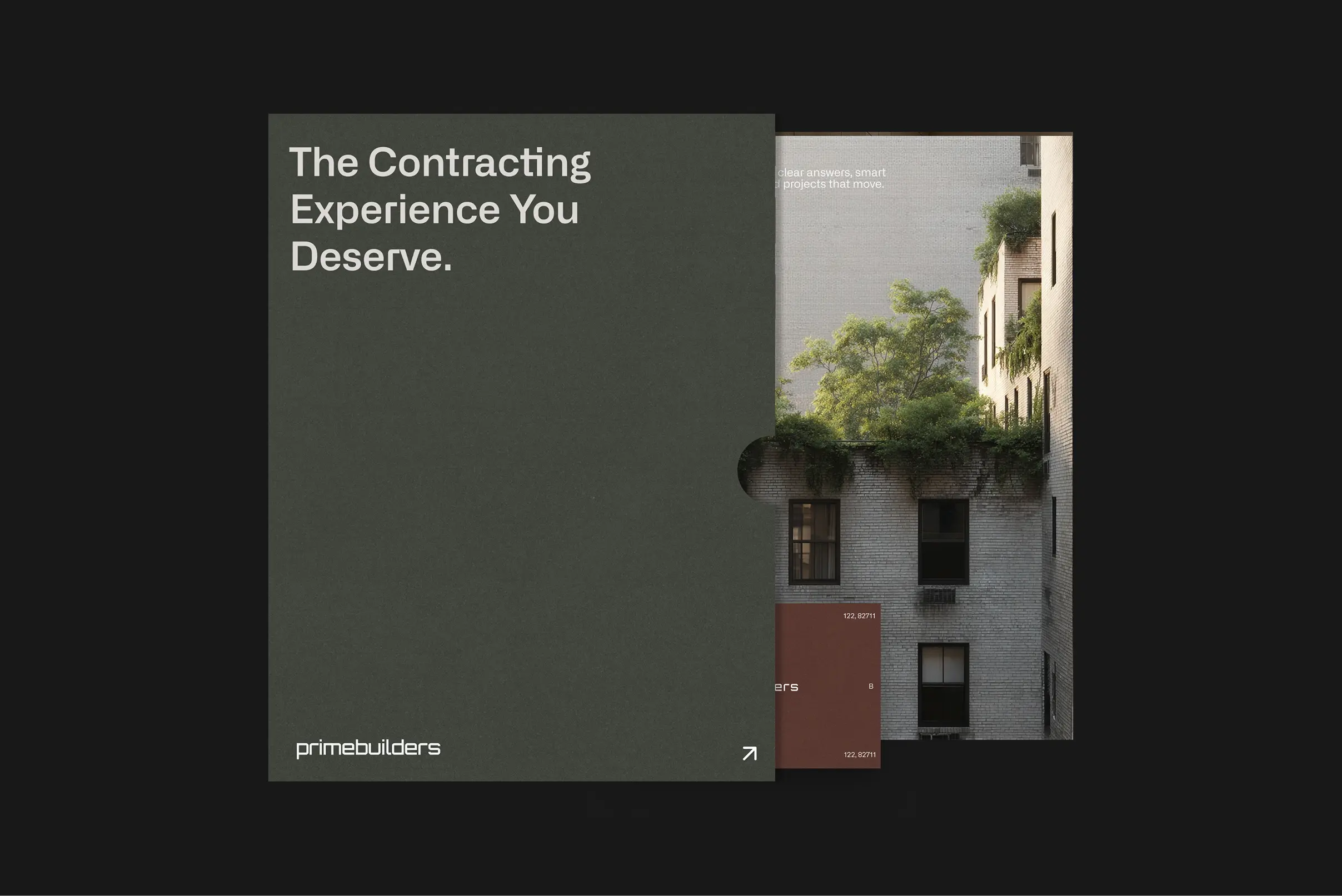 Prime Builders brand materials featuring luxury residential architecture and the message, “The Contracting Experience You Deserve.”