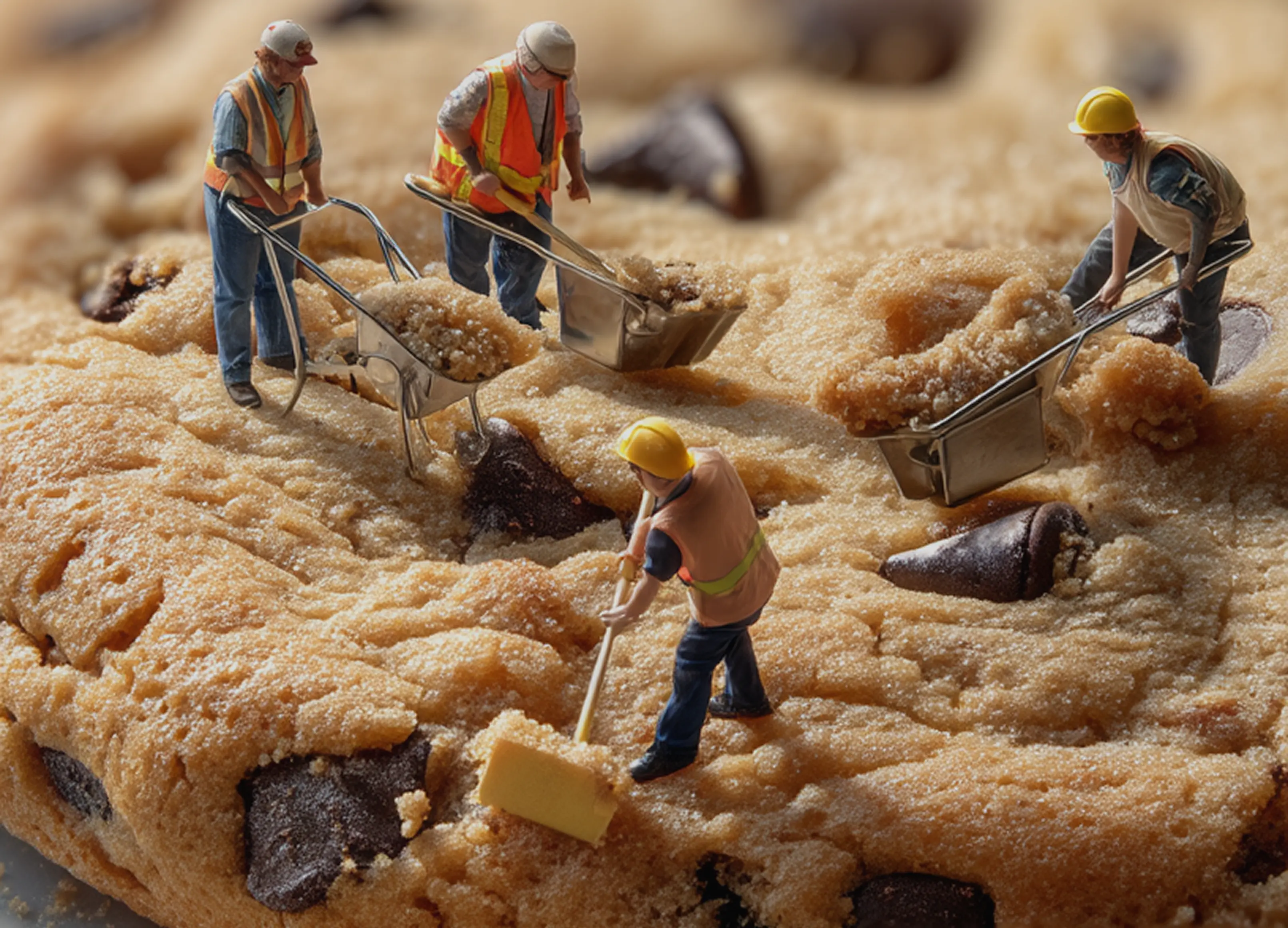Miniature construction workers digging through the surface of a giant chocolate chip cookie.
