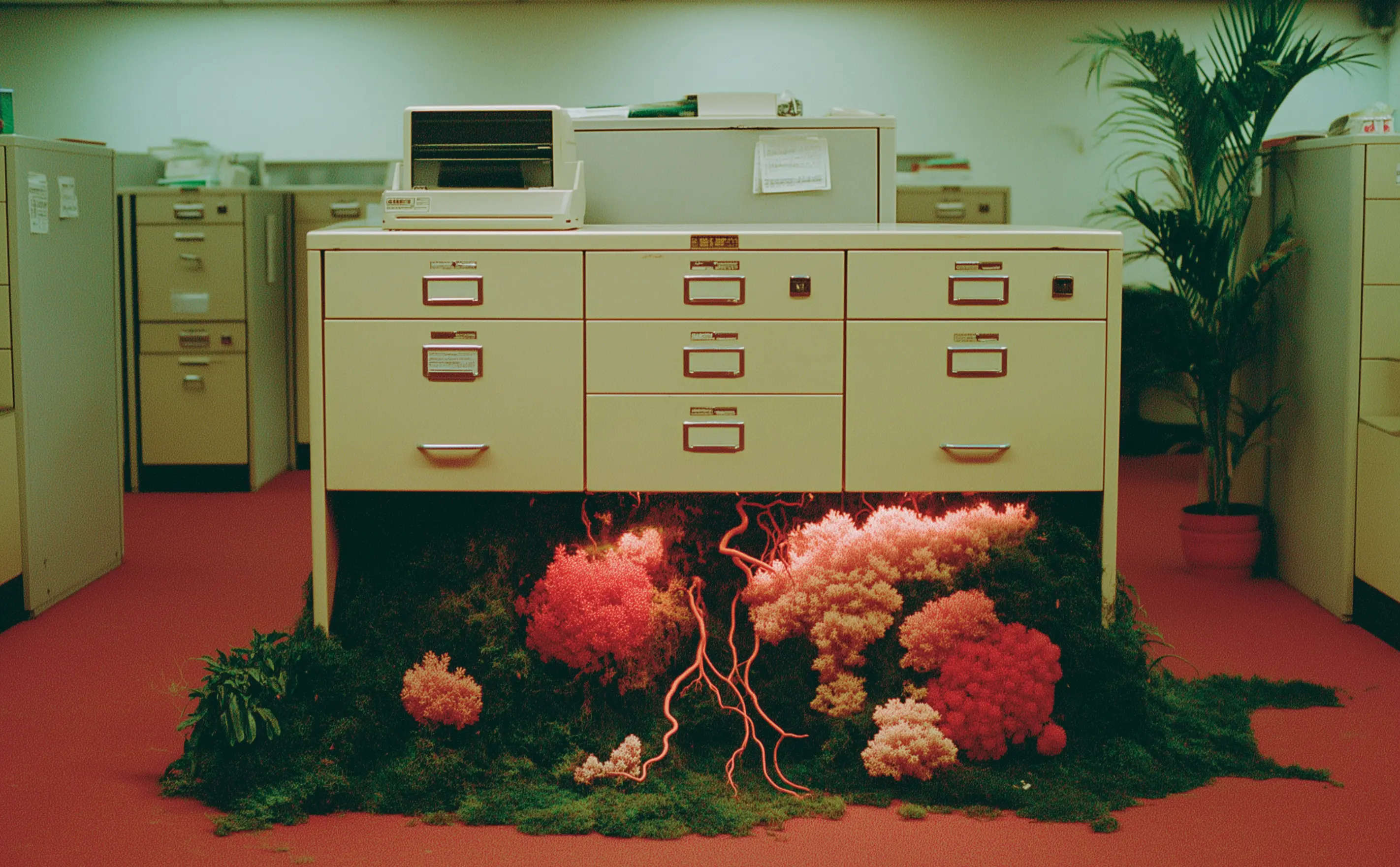 Office filing cabinets with colorful organic growth spreading from beneath the central cabinet.