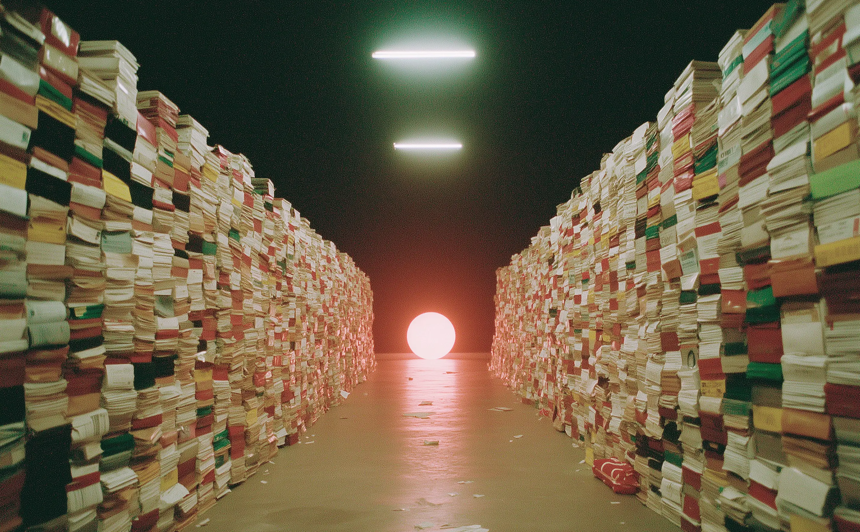 A corridor lined with towering stacks of documents leading toward a glowing orb.