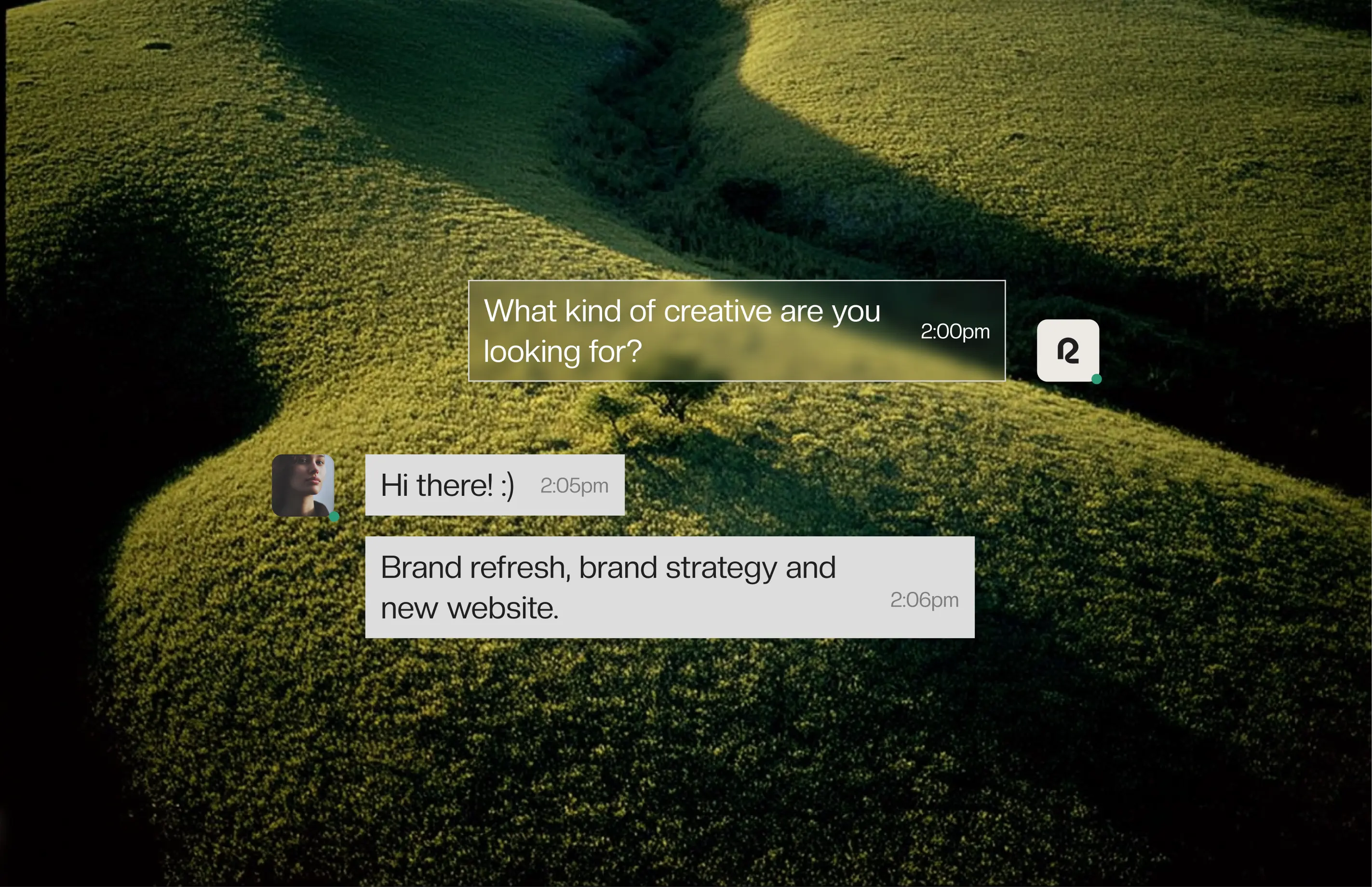 Chat exchange over rolling green hills asking, “What kind of creative are you looking for?” with the response, “Brand refresh, brand strategy and new website.”