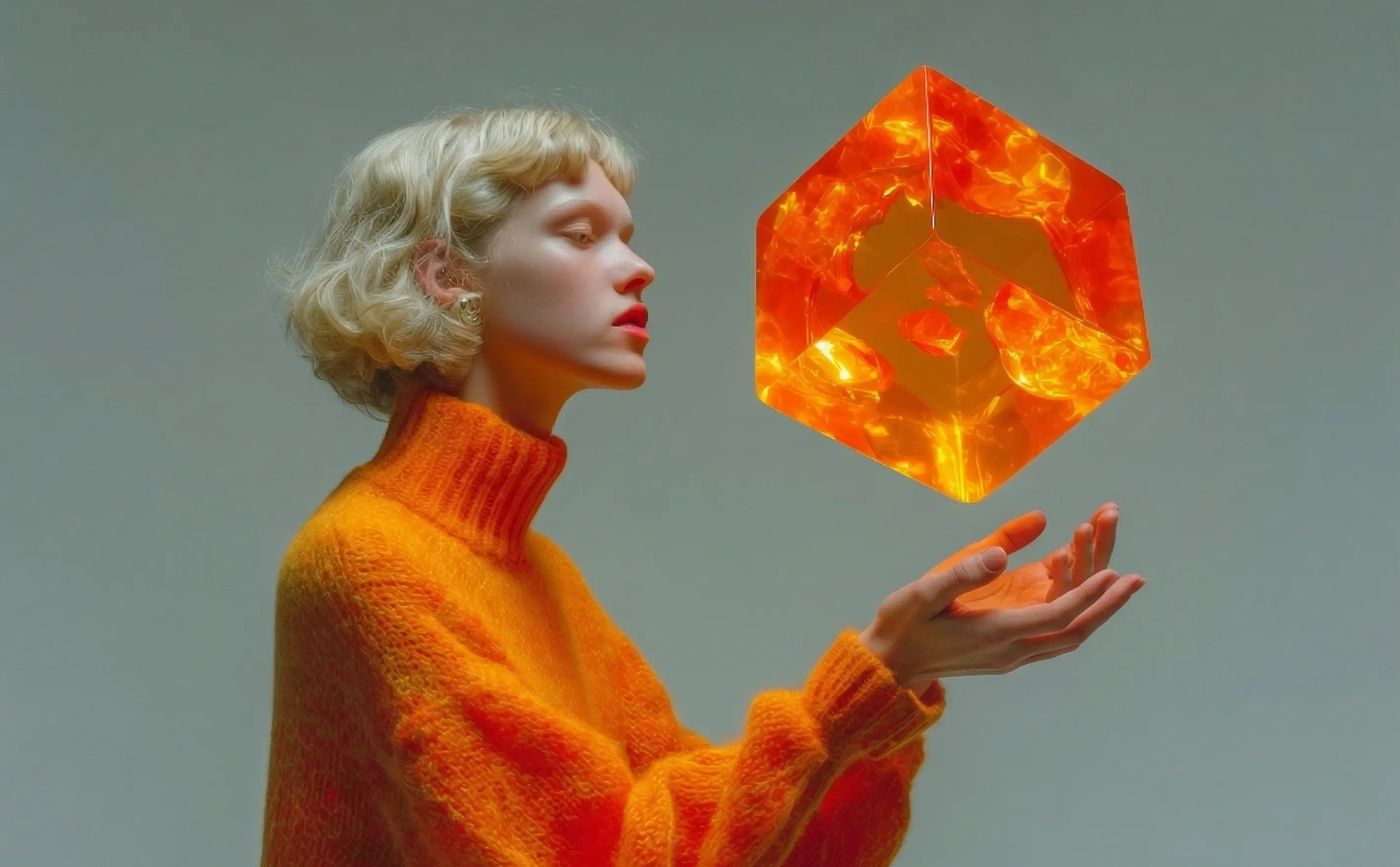 Woman in an orange sweater holding her hand beneath a glowing translucent cube.