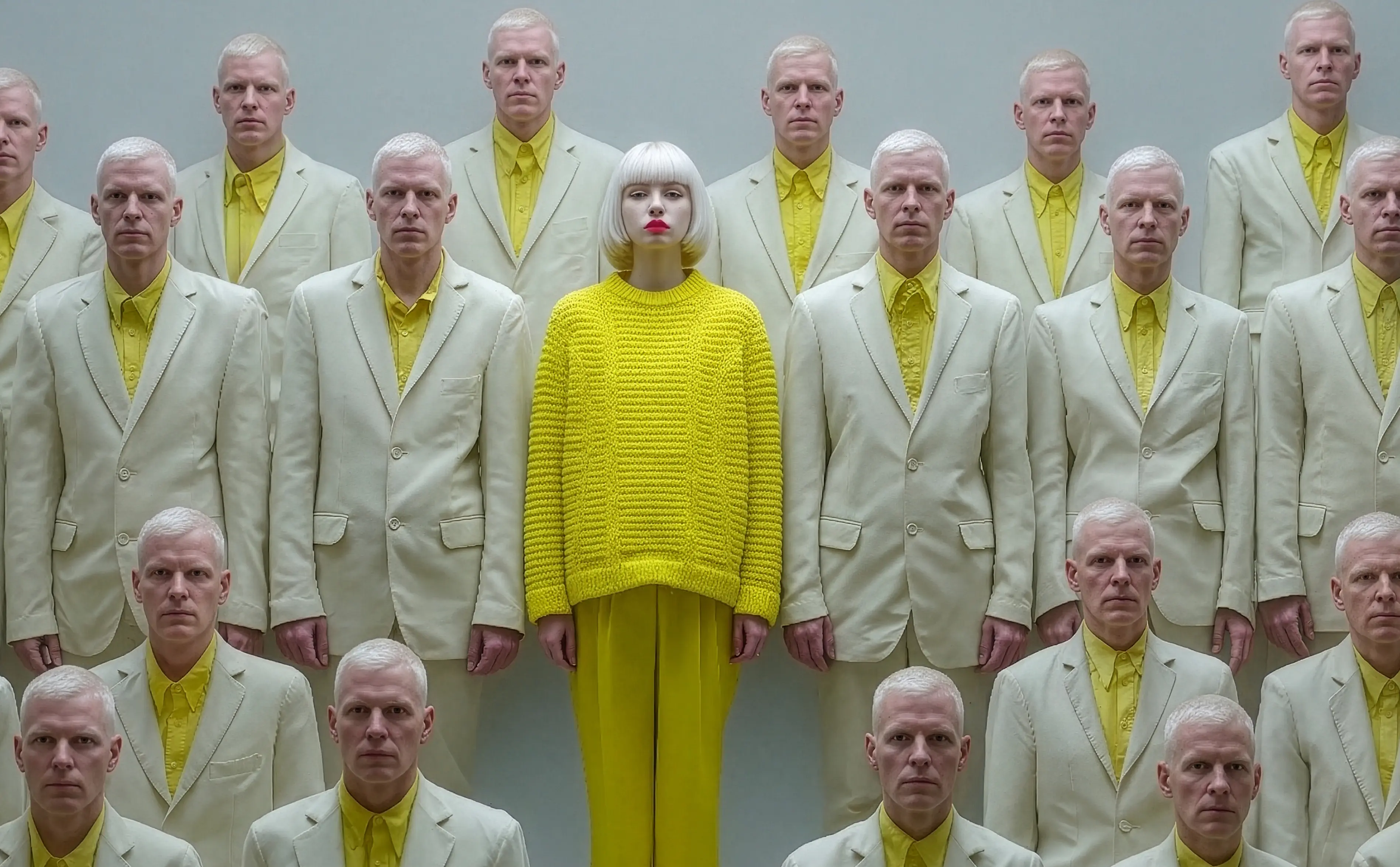 Woman in a bright yellow sweater standing out among rows of identically dressed men.