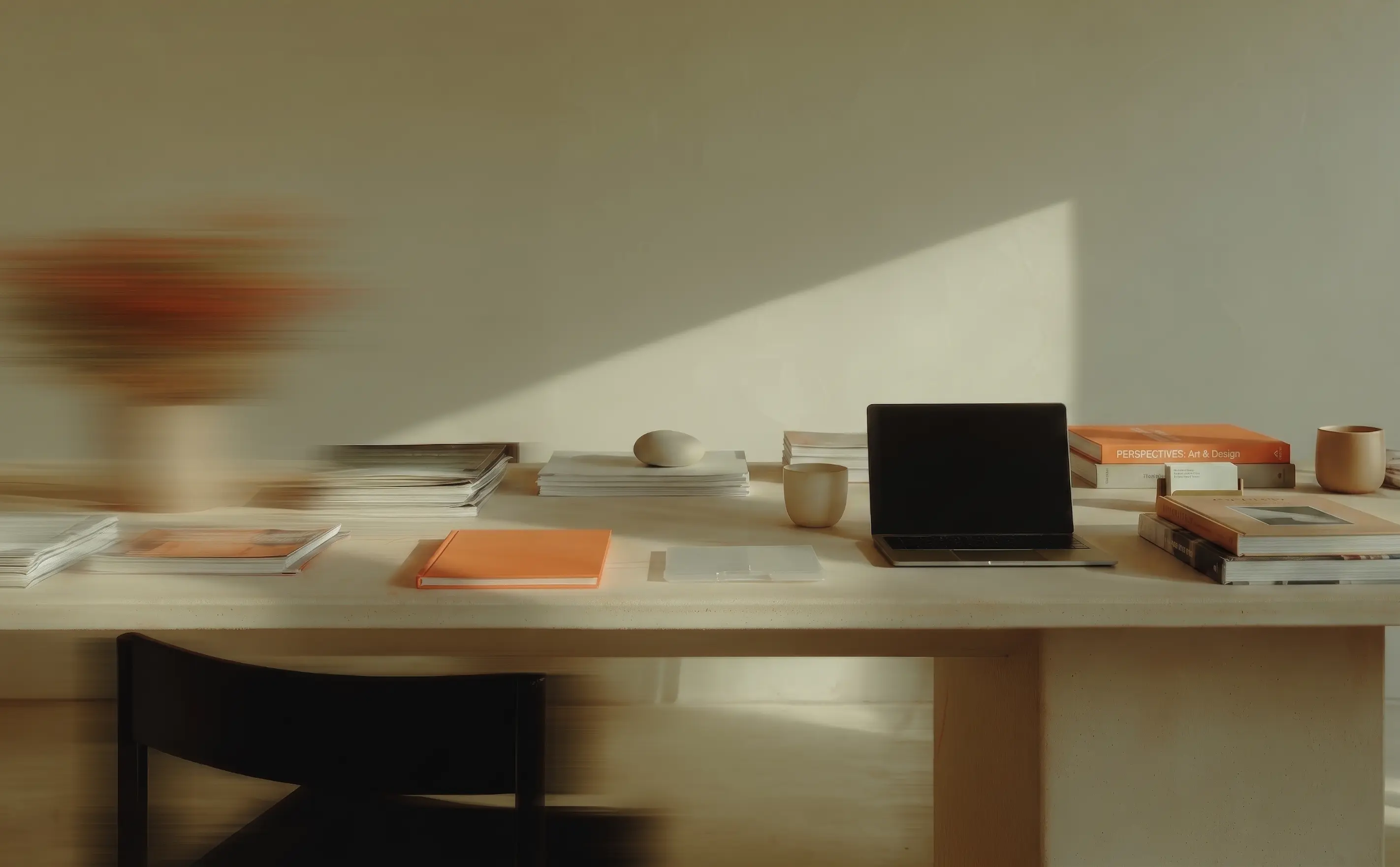 Sunlit desk with an open laptop, books, papers, and design materials.