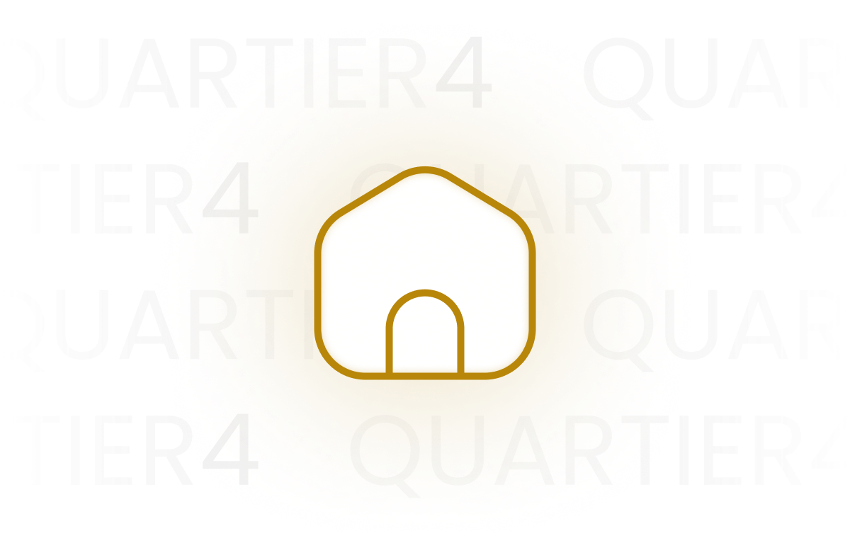 Weißes Haus-Symbol vor orangegelbem Farbverlauf mit wiederholtem Text 'QUARTIER4'.