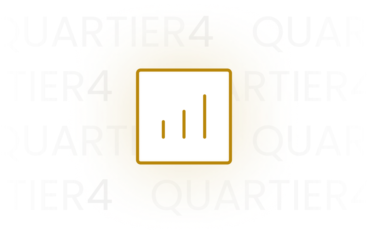 Weißes Ausrufezeichen-Symbol vor orangefarbenem Kreis auf dunkelgrauem Hintergrund mit Text Quartier 4.