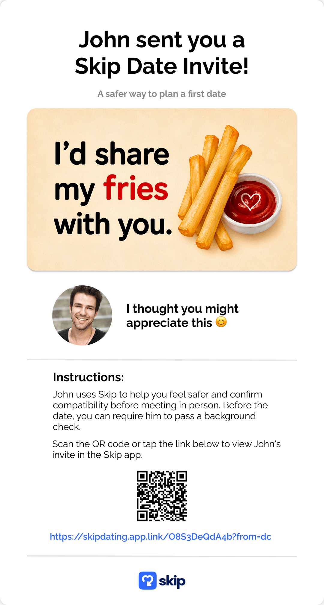 Example Skip Date Invite card from John