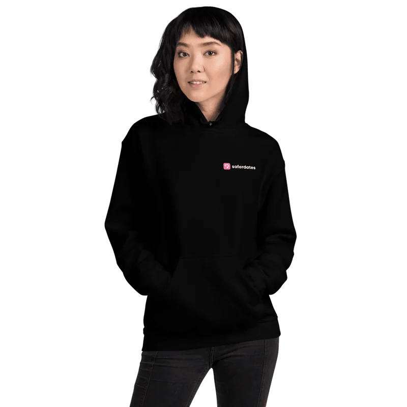 Black hoodie with a small saferdates logo
