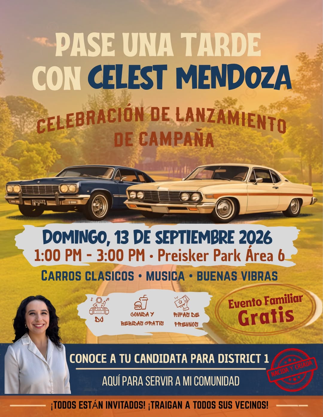 Volante en español de la celebración de lanzamiento de campaña: domingo 13 de septiembre de 2026, de 1:00 a 3:00 PM en Preisker Park Área 6, Santa Maria, con carros clásicos, música, comida y bebidas gratis y rifas de premios. Evento familiar gratis con Celest Mendoza, candidata para el Distrito 1.