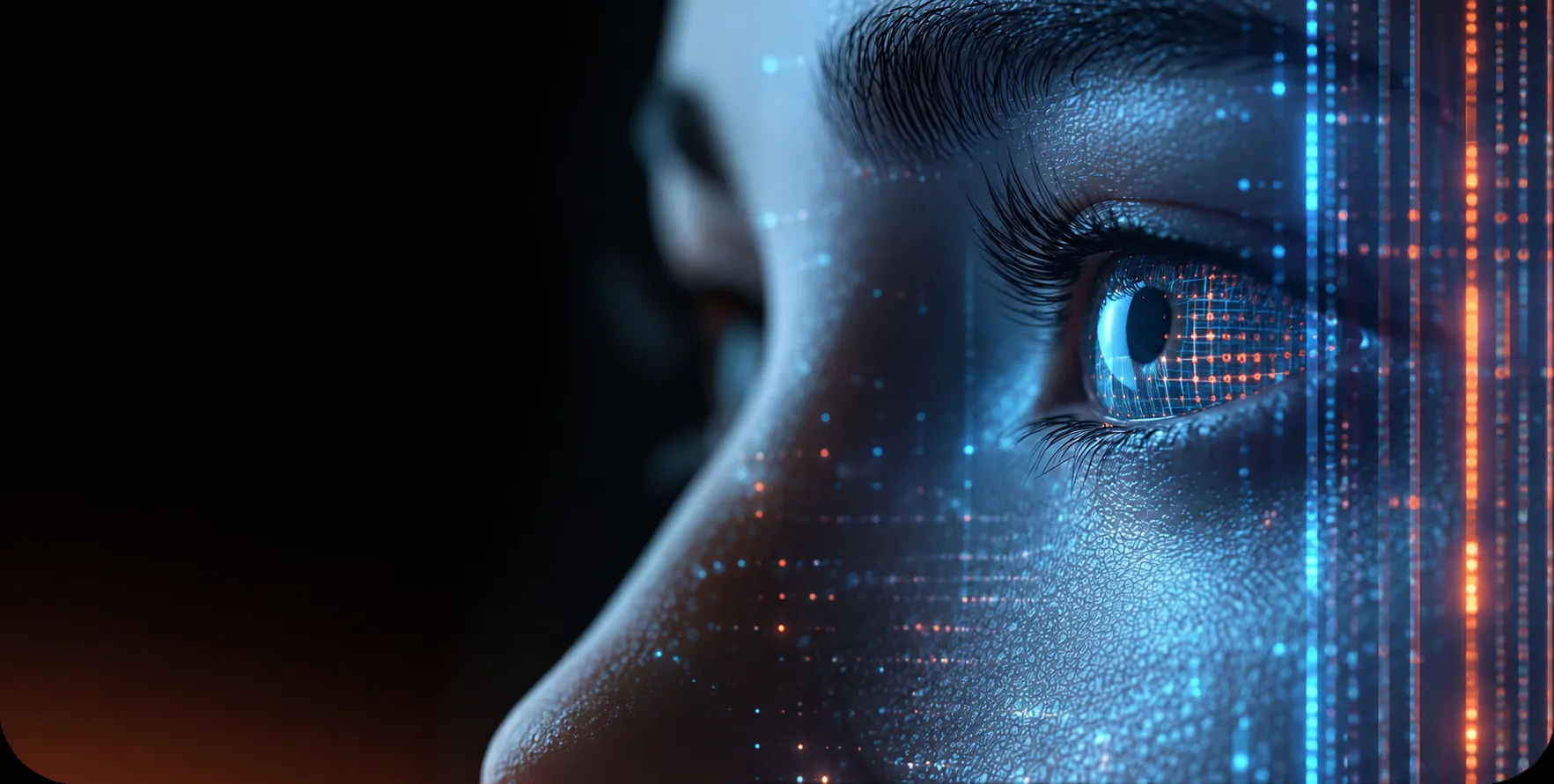Close-up of a human eye with digital blue and orange light grids and dots on the skin and eye.