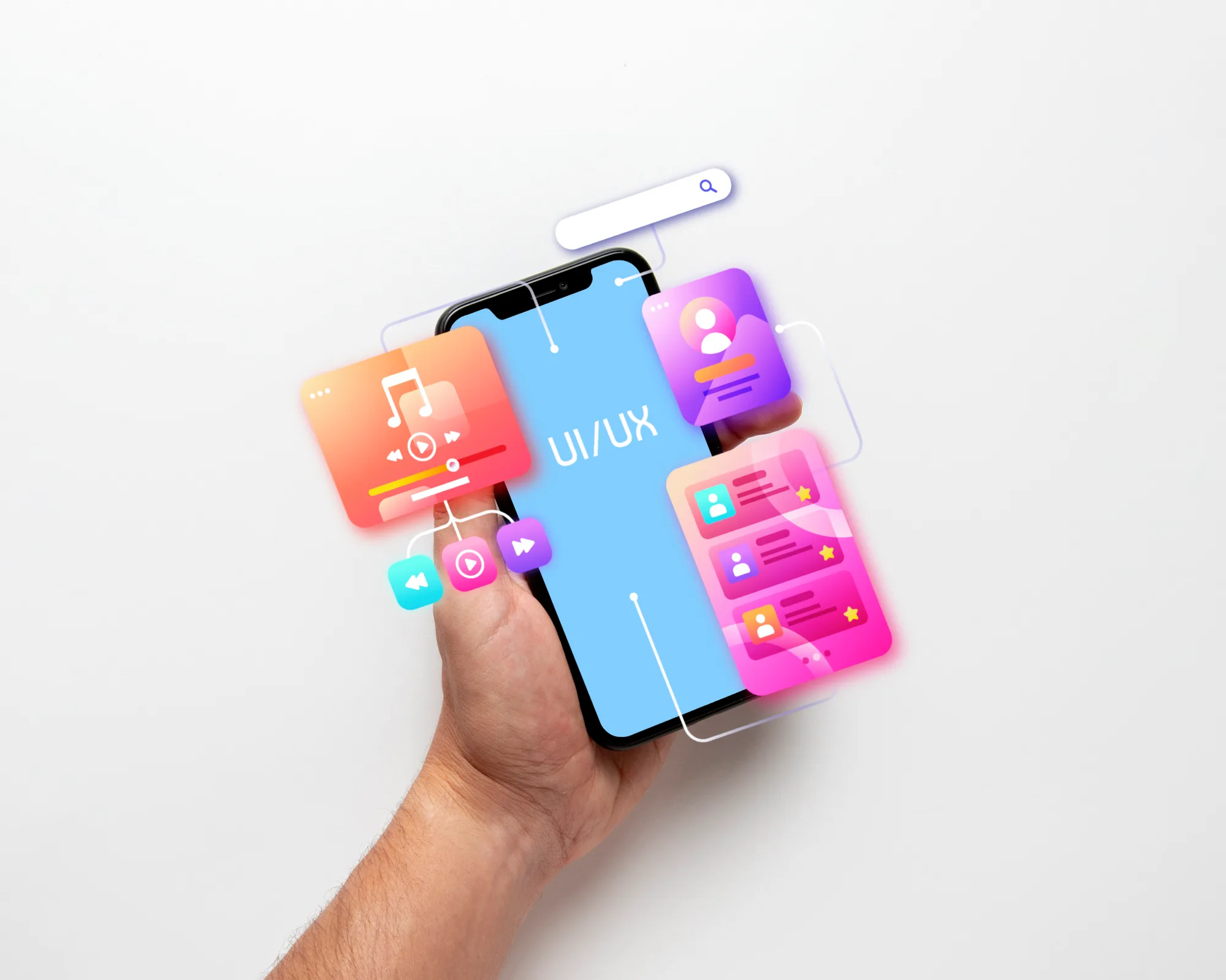 Hand holding smartphone with UI/UX design screen and floating colorful app interface icons.