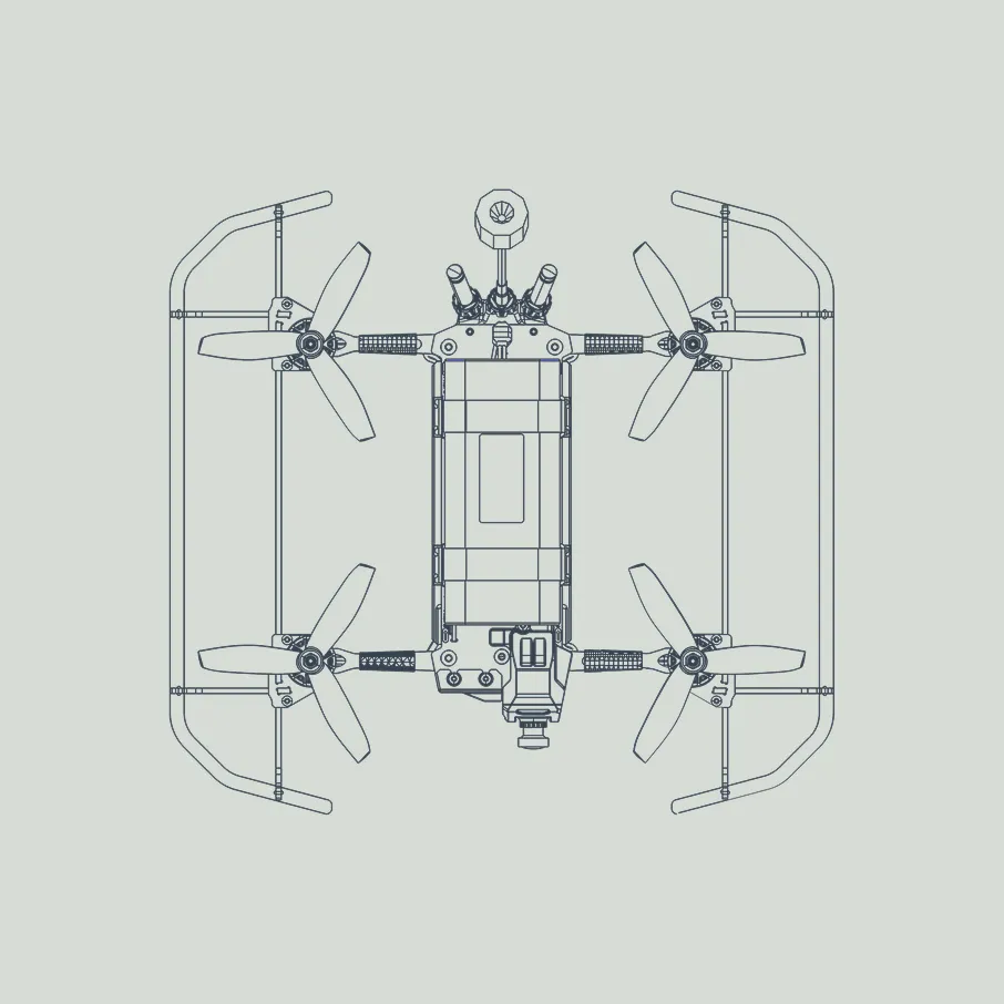Top view technical drawing of a quadcopter drone with four propellers, protective frames around each propeller, and central body housing the main components.