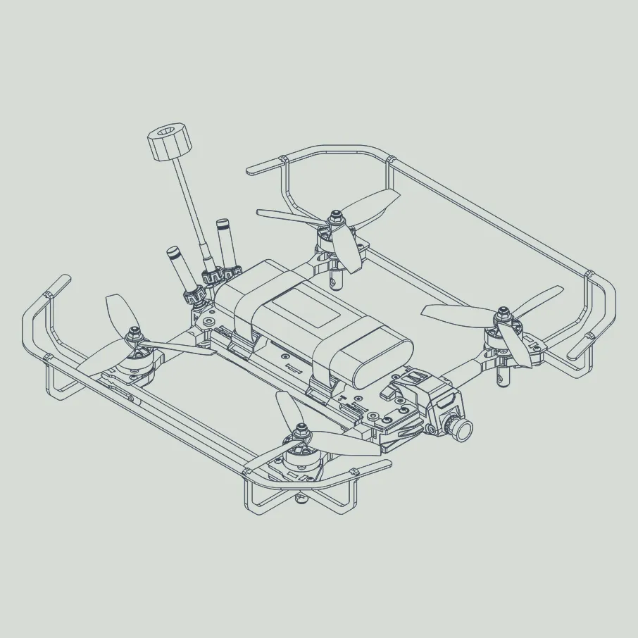 Line drawing of a quadcopter drone with four propellers, a central battery pack secured by straps, a mounted front camera, and protective frame guards surrounding the propellers.