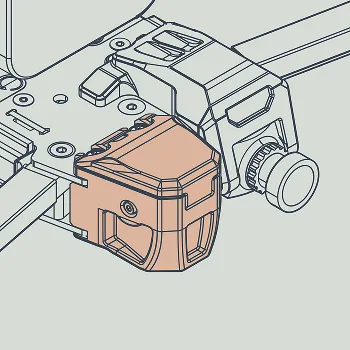 Close-up illustration of a mechanical component assembly featuring a box-like beige casing and a knob on an adjacent part, connected by a metal rail.
