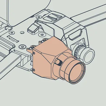 Technical illustration of a camera module attached to a mechanical rail system with adjustment knobs.