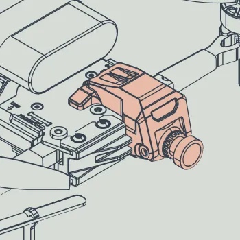 Close-up schematic illustration of a drone camera sensor module attached to a drone arm, showing mechanical details and components in a technical style.