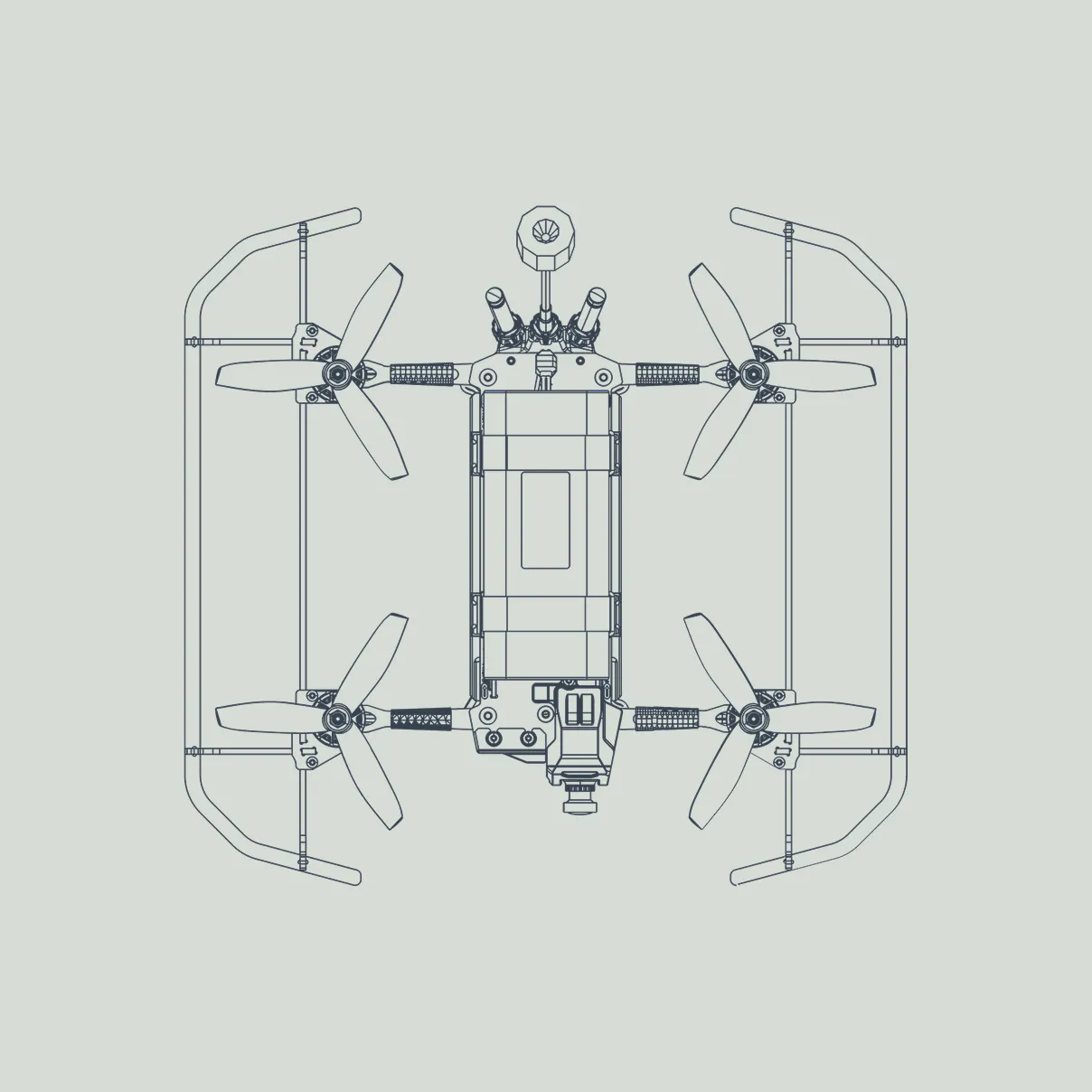 Top-down technical line drawing of a quadcopter drone with four propellers and protective guards around each propeller.