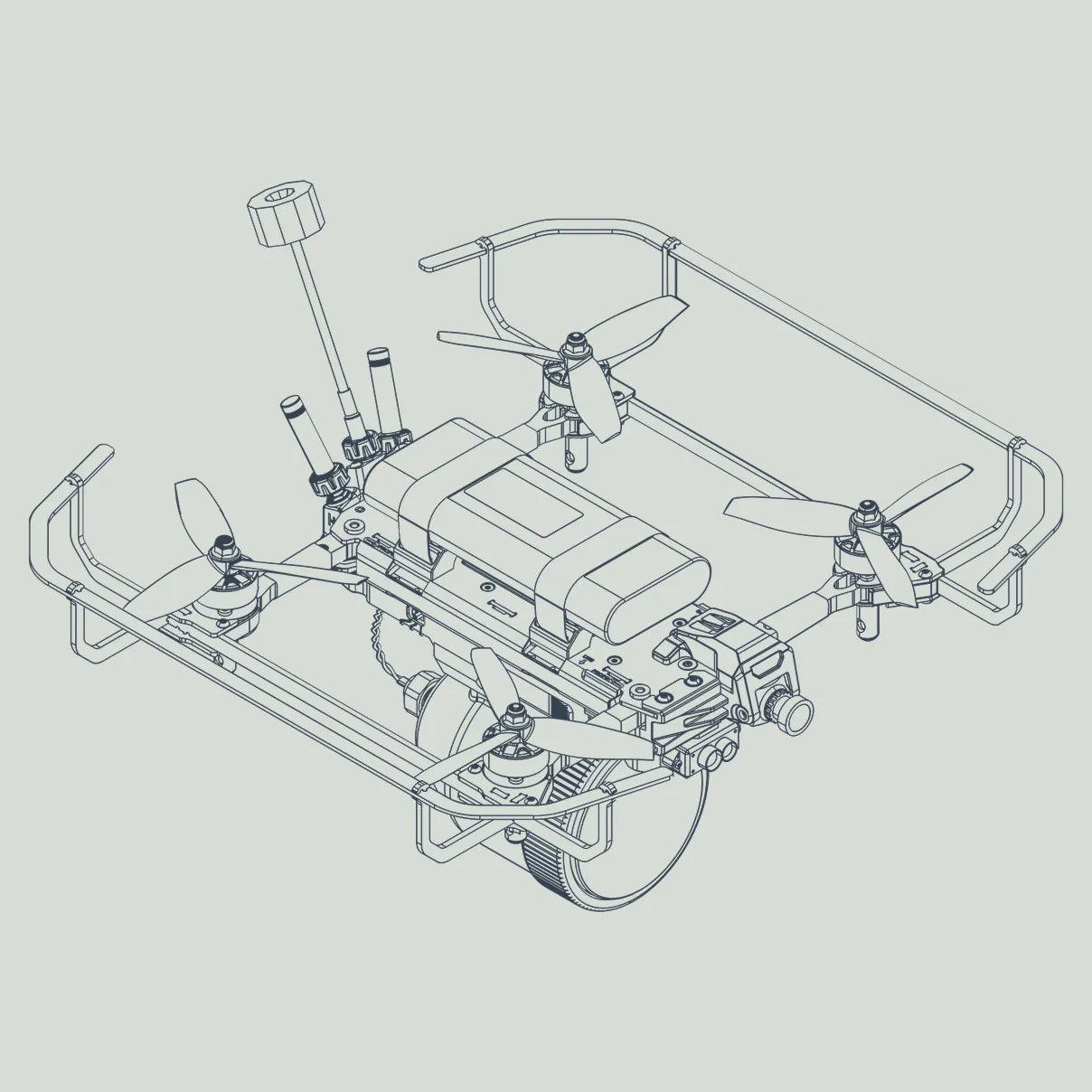 Technical line drawing of a quadcopter drone with four propellers, a central battery pack secured by straps, antenna, camera, and protective frame surrounding the structure.