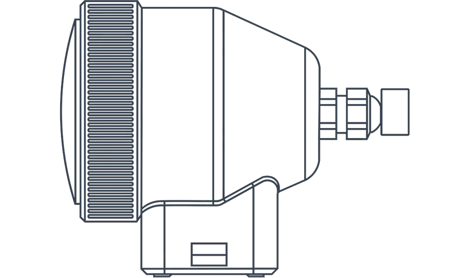 Technical line drawing of a mechanical or electronic device with a large circular section on the left connected to a tapered rectangular body and a stepped cylindrical component on the right.