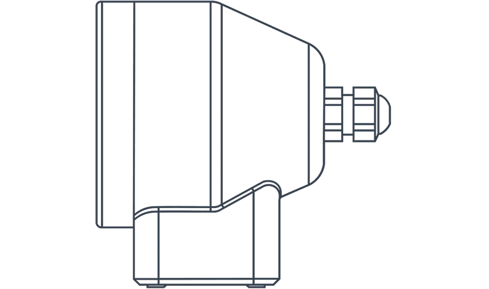 Technical line drawing of a mechanical component with a large cylindrical section, mounting base, and a smaller protruding cylinder with detailed internal segments.