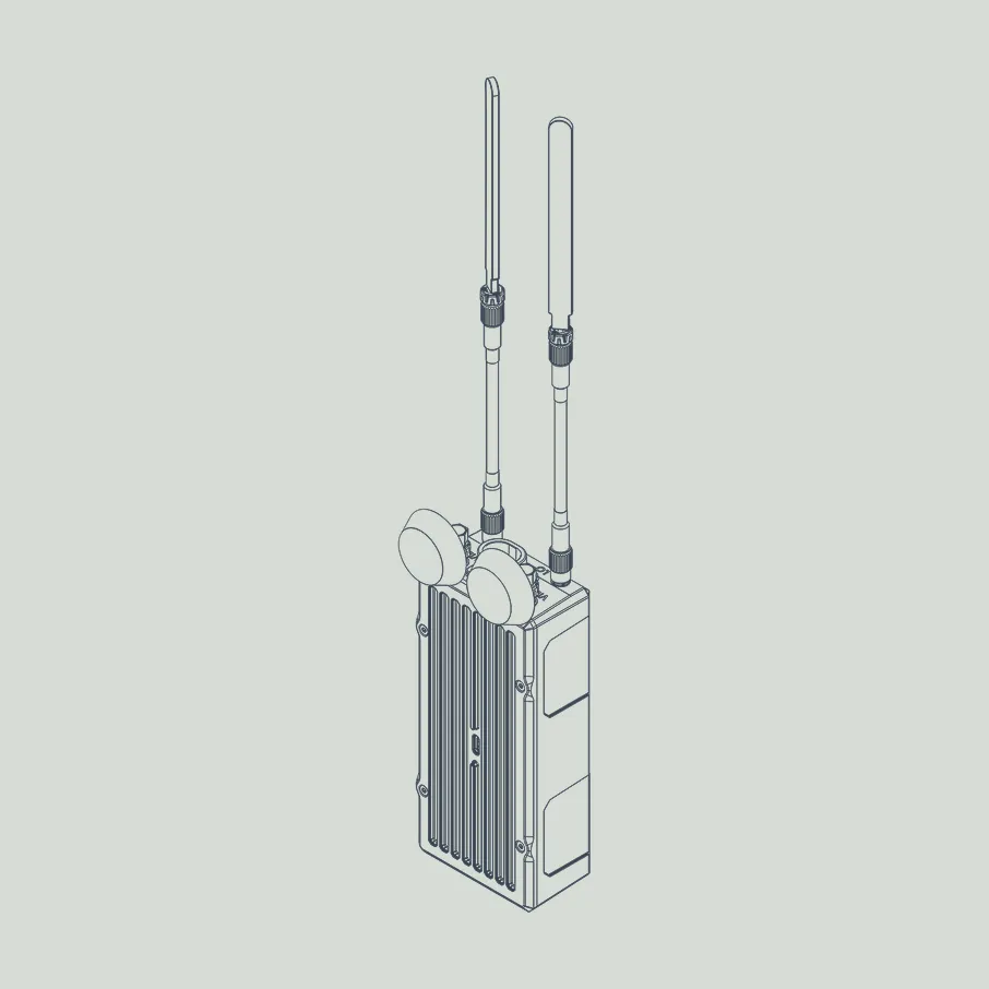 Technical line drawing of a rectangular electronic device with two long vertical antennas and two round components mounted at the top, showing details of screws and ridges on the device body.