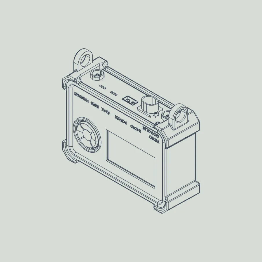 Technical line drawing of a rectangular device with holder loops on each end and labeled ports including video, audio, power, ATEC, and hand holder, featuring a circular fan vent and a rectangular screen.