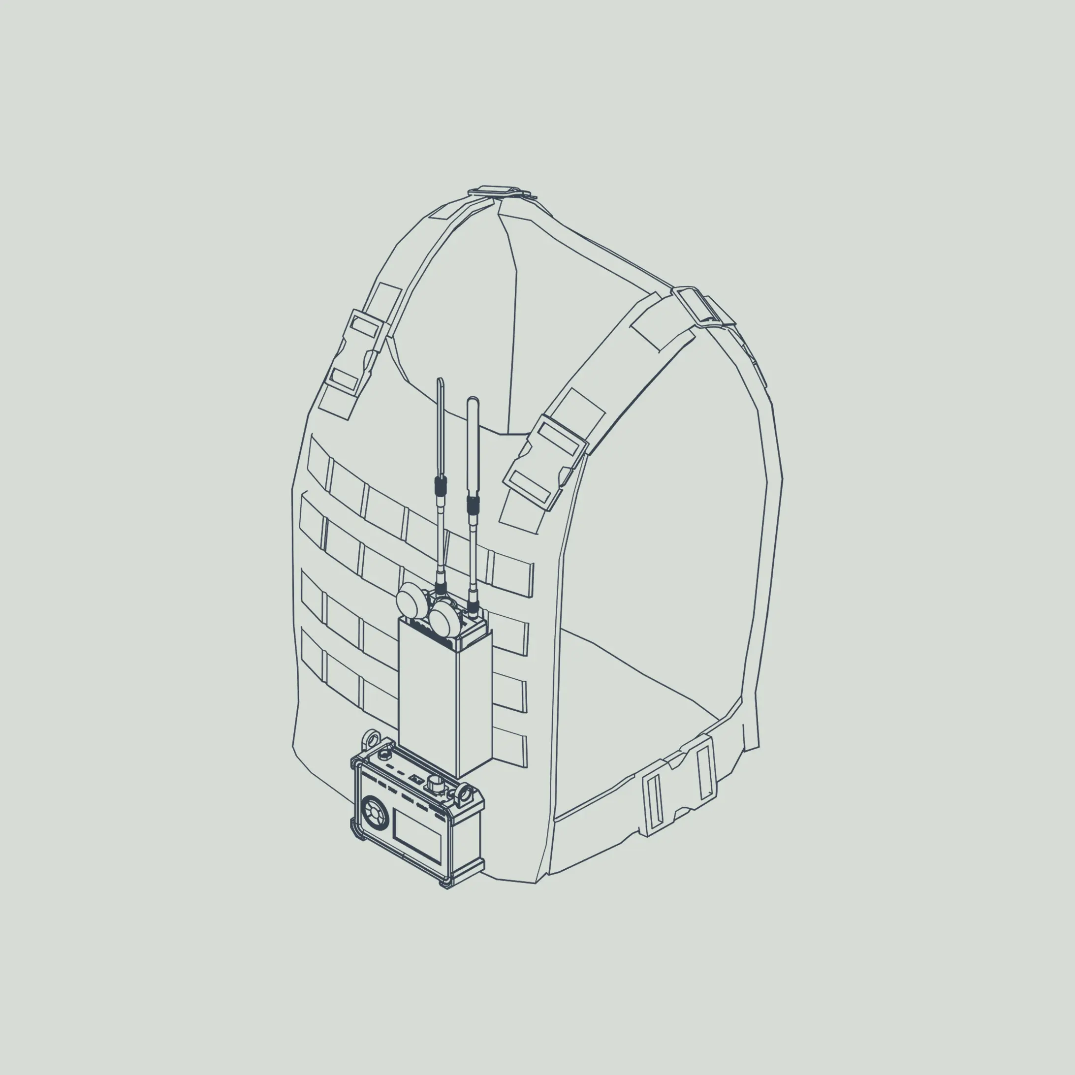 Line drawing of a tactical vest with MOLLE webbing and two attached devices featuring antennas and control knobs on the front.
