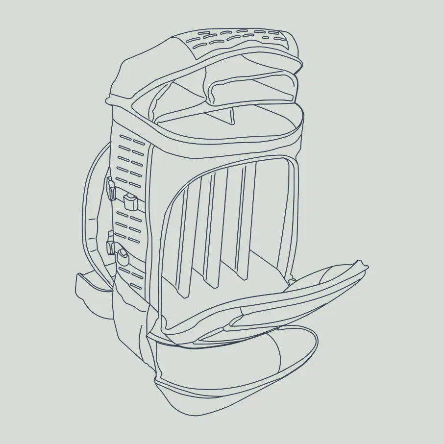 Line drawing of an open backpack showing multiple compartments with dividers inside and padded straps on the outside.