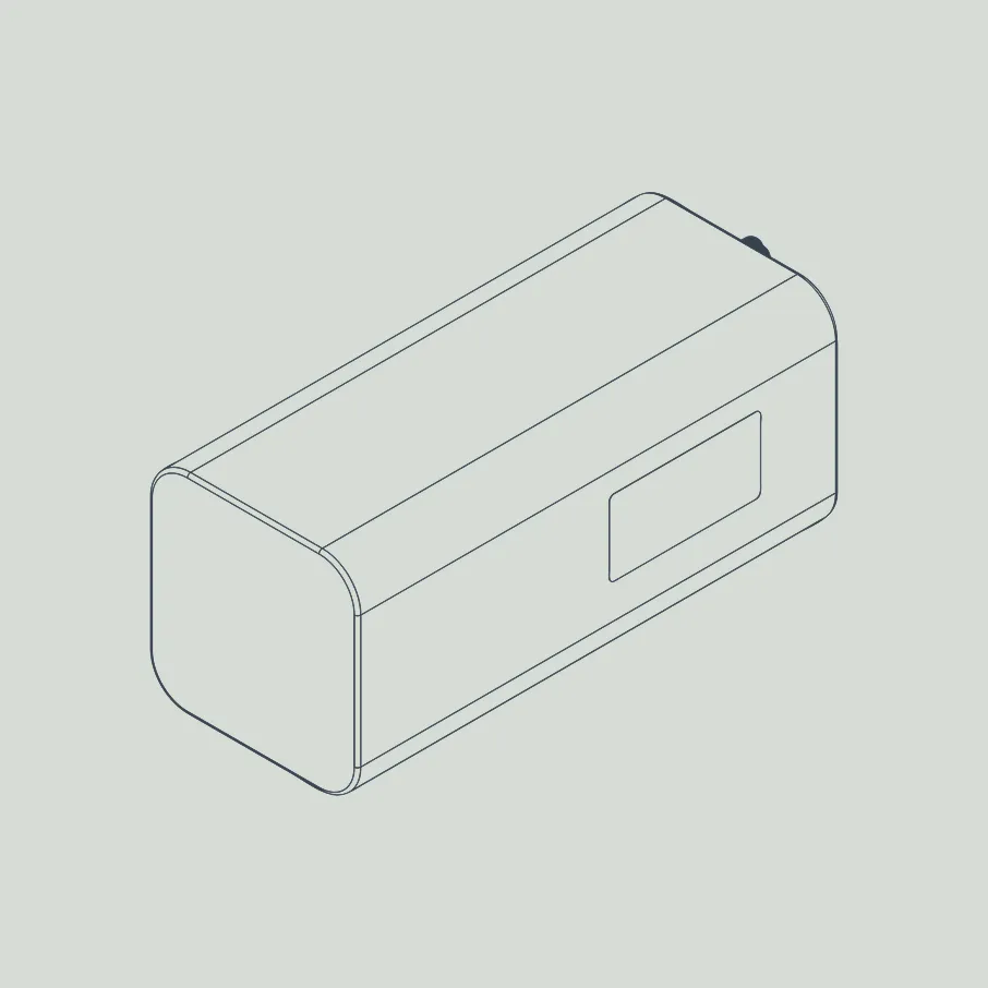 Line drawing of a rectangular battery pack with rounded edges and a small rectangular label on one side.
