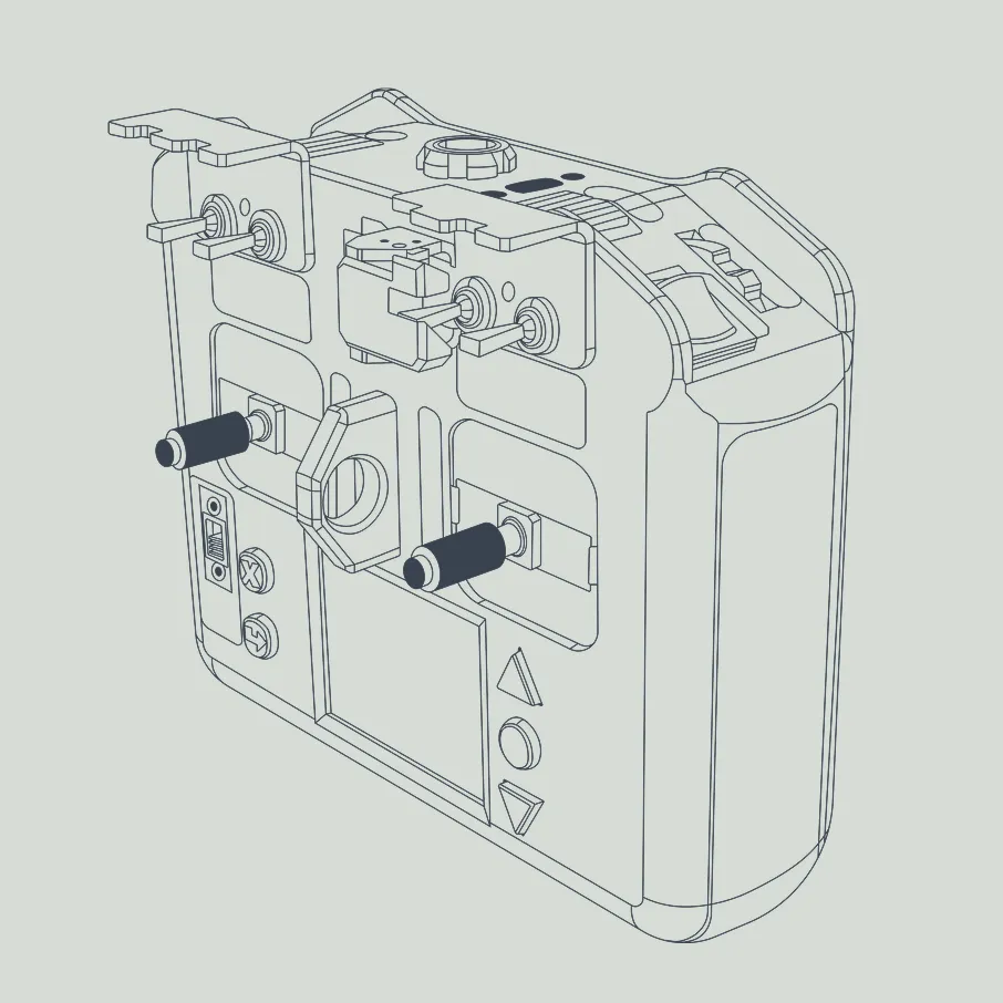 Technical line drawing of a rectangular handheld device with two protruding cylindrical controls, a circular button, upward and downward arrows, and a central mechanical switch component.