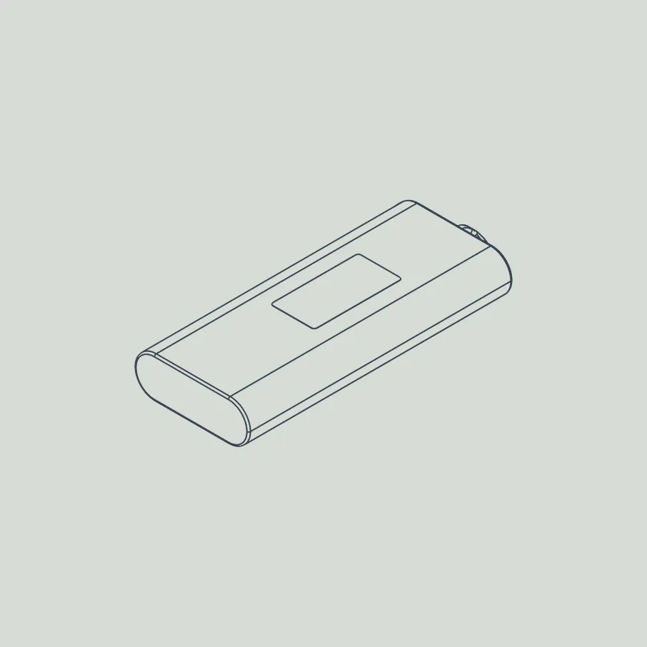 Line drawing of a rectangular battery pack with rounded edges and a small rectangular label on the top surface.