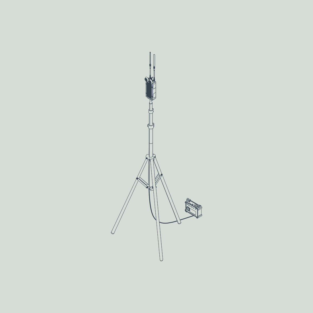Isometric illustration of a tall tripod stand with electronic equipment mounted at the top and connected by a cable to a small box on the ground.