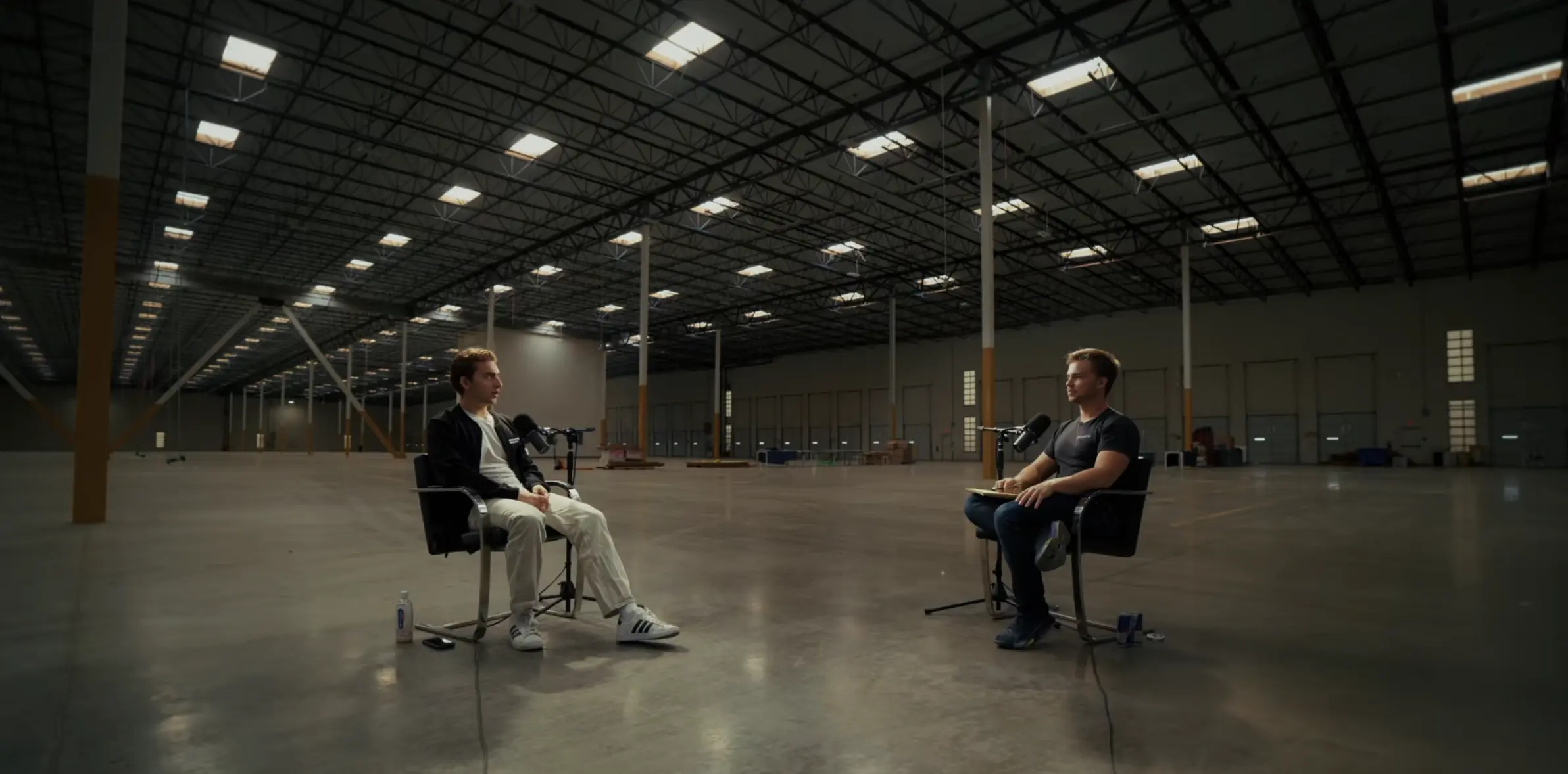 Two men sit facing each other on chairs in a large, empty warehouse with a high ceiling and overhead lights, each speaking into a microphone on a stand.