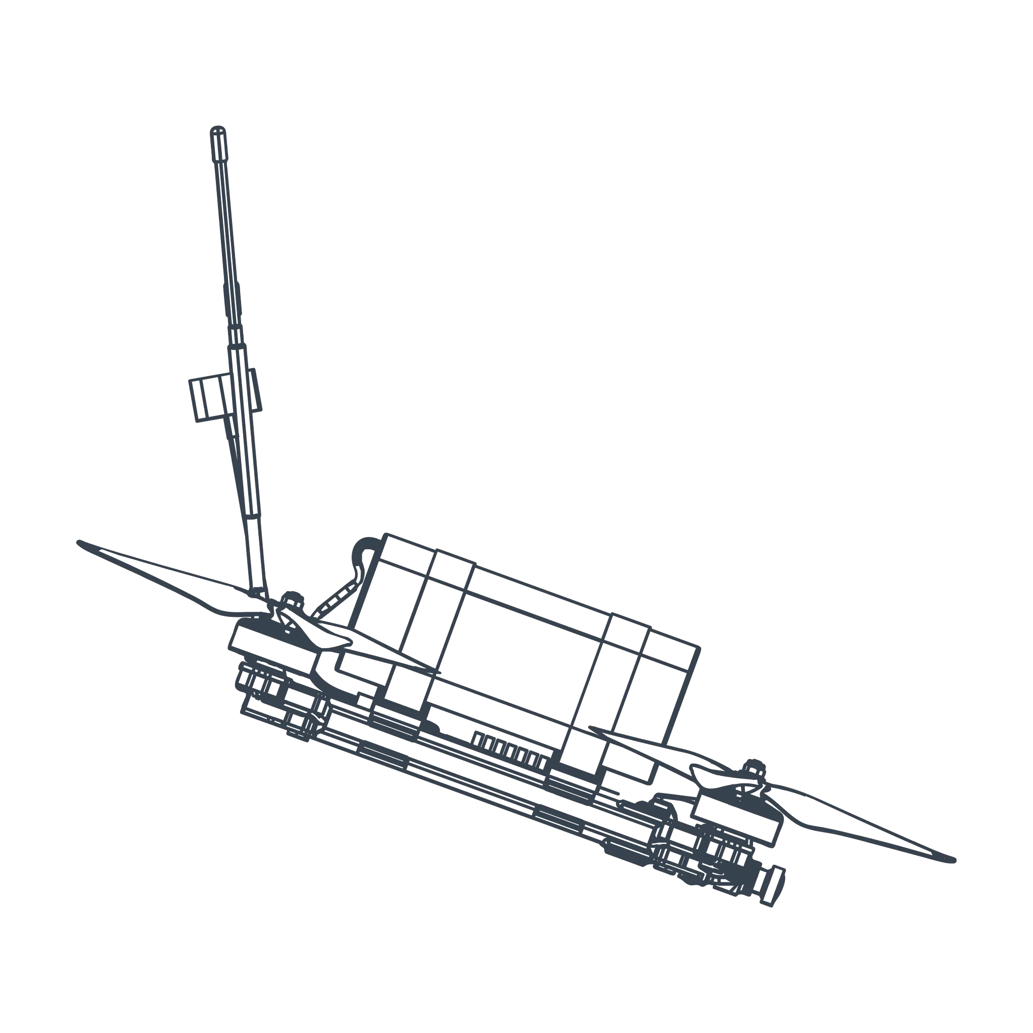 Wireframe illustration of a satellite with large rectangular solar panels extending from the sides and a dish antenna on top.
