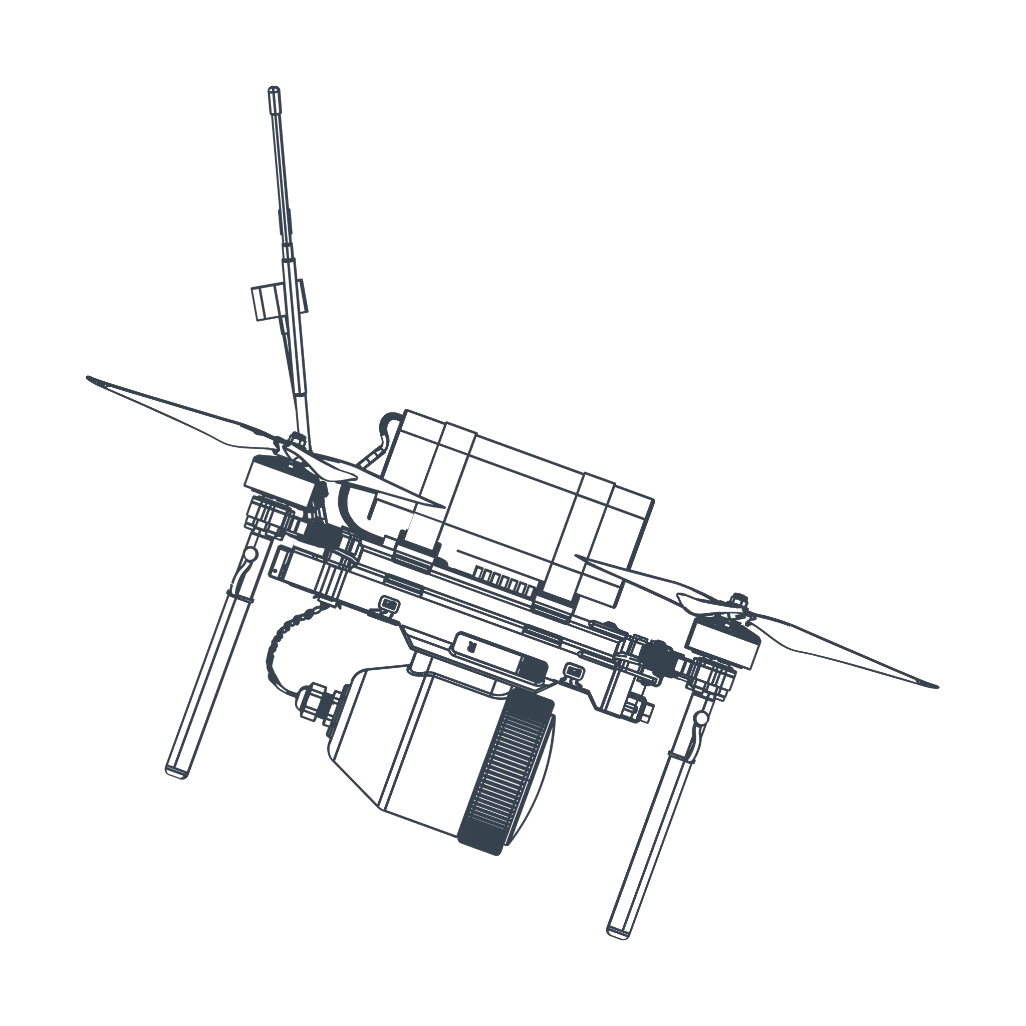 Technical outline drawing of a drone equipped with four rotor arms and a container payload attached underneath the body.