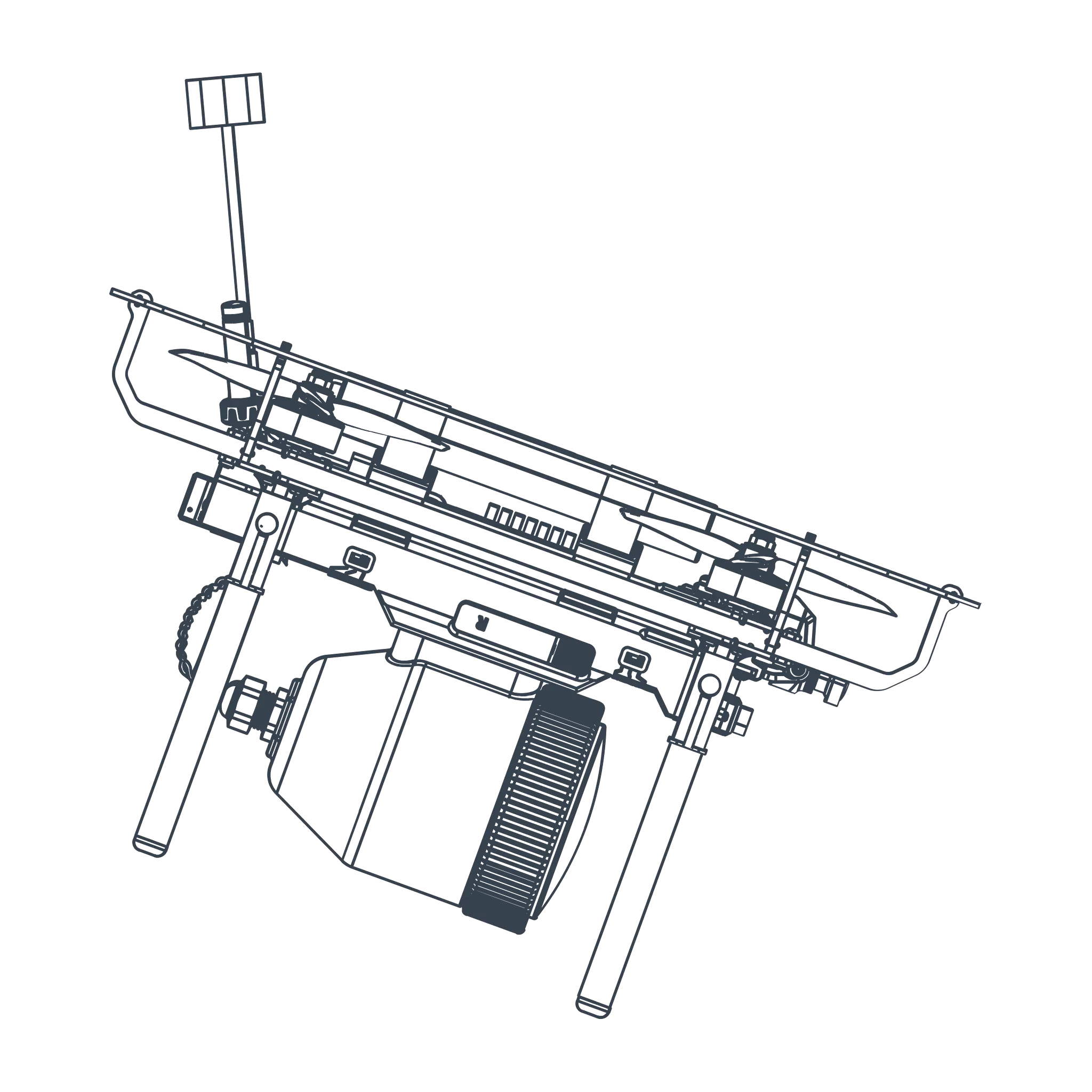 Technical blueprint-style illustration of a mechanical device resembling a ventilator or air pump with a large cylindrical component and a rectangular section attached by two legs.