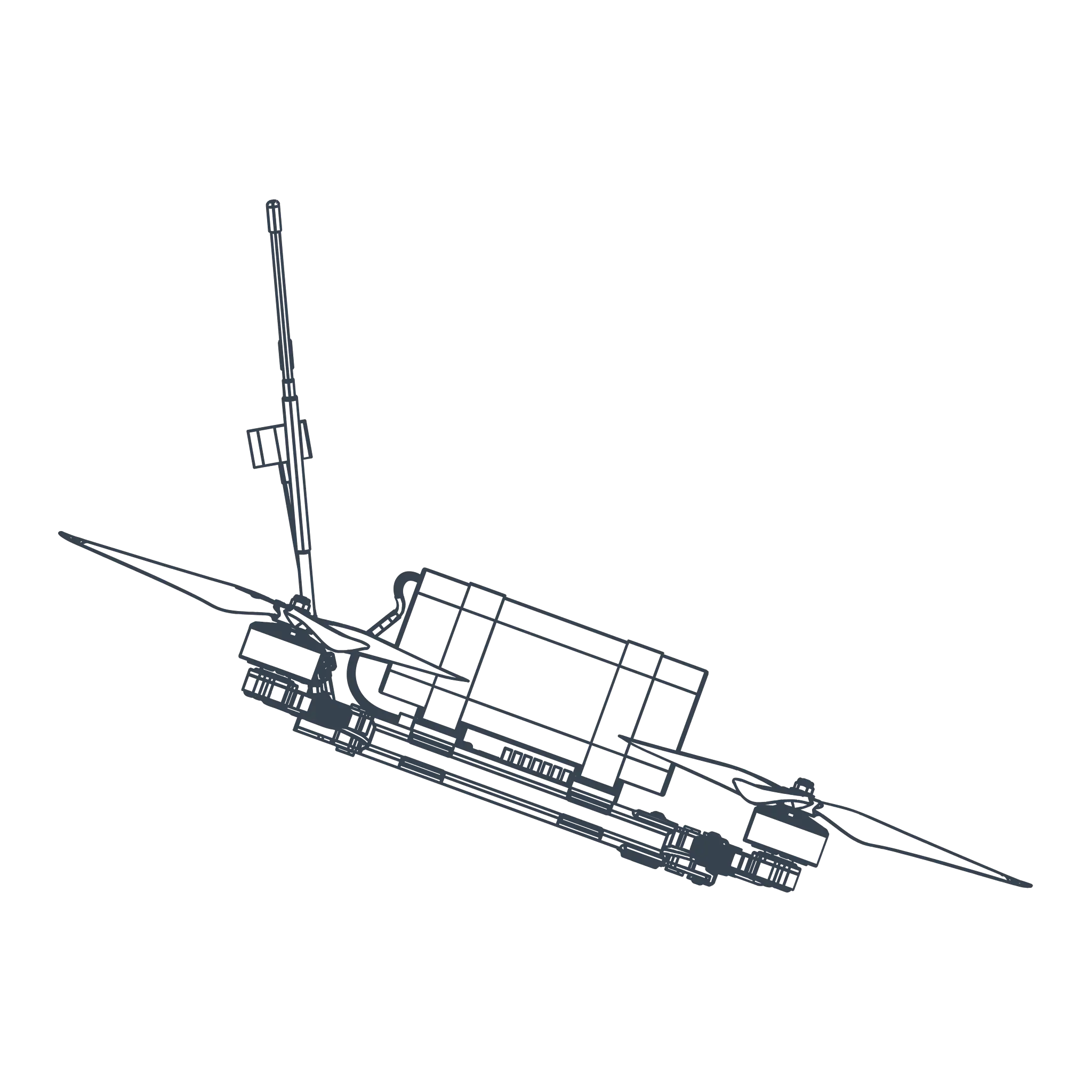Wireframe illustration of a drone with extended arms and propellers, showing its internal structural framework.