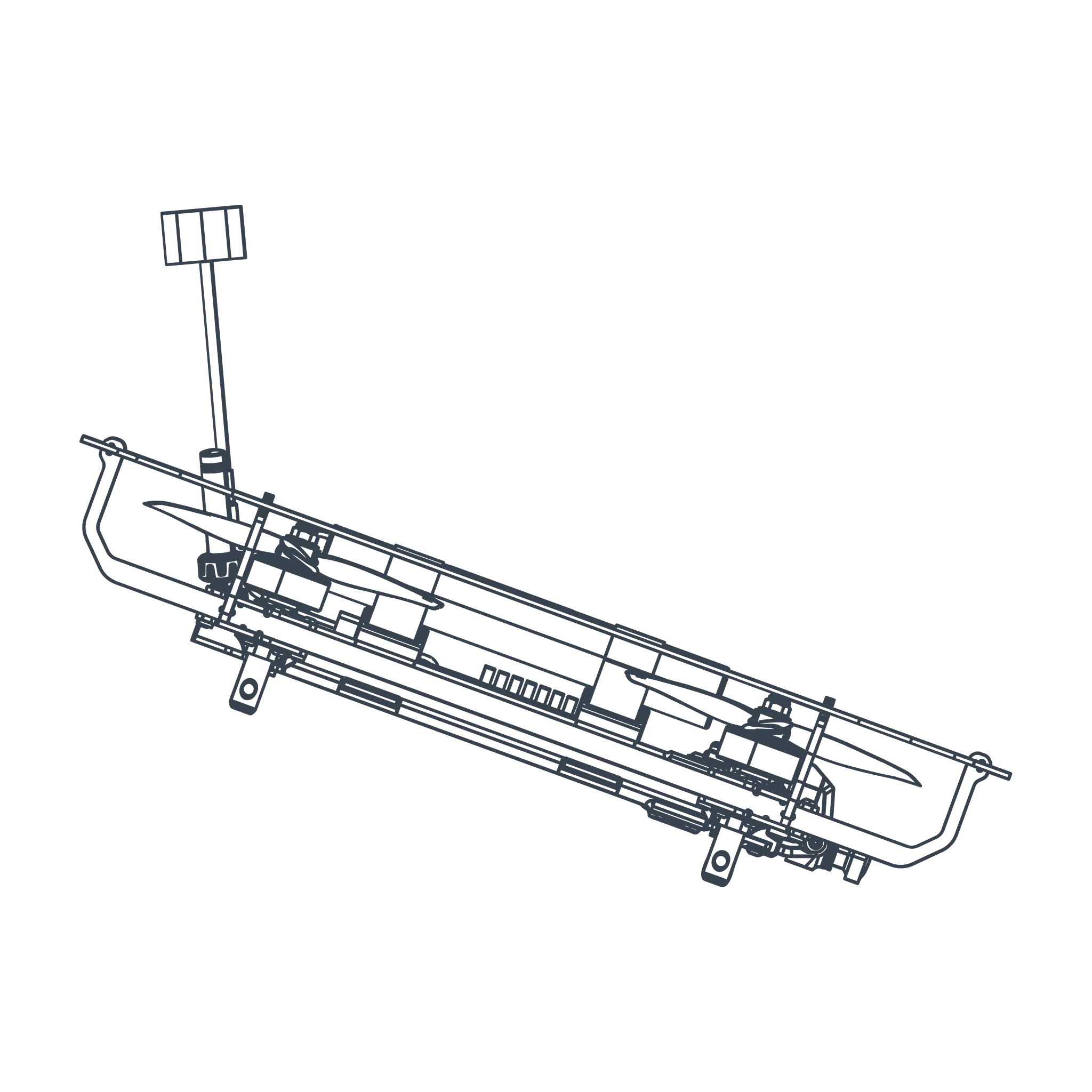 Technical line drawing of a rectangular device with internal compartments and mounting brackets, showing detailed internal structure and a small rectangular protrusion on a stalk at one end.