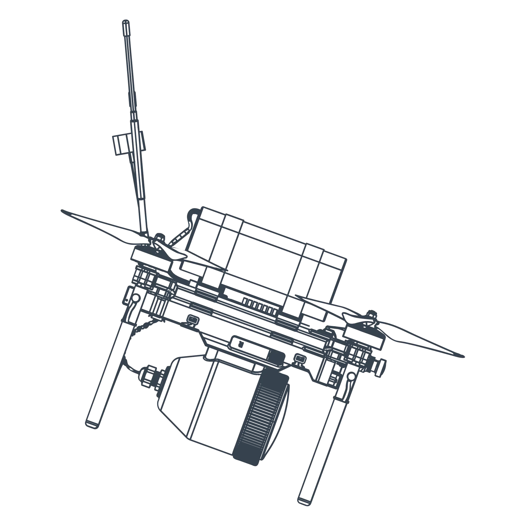 Technical drawing of a drone or unmanned aerial vehicle with four propellers and a central body housing various electronic components.