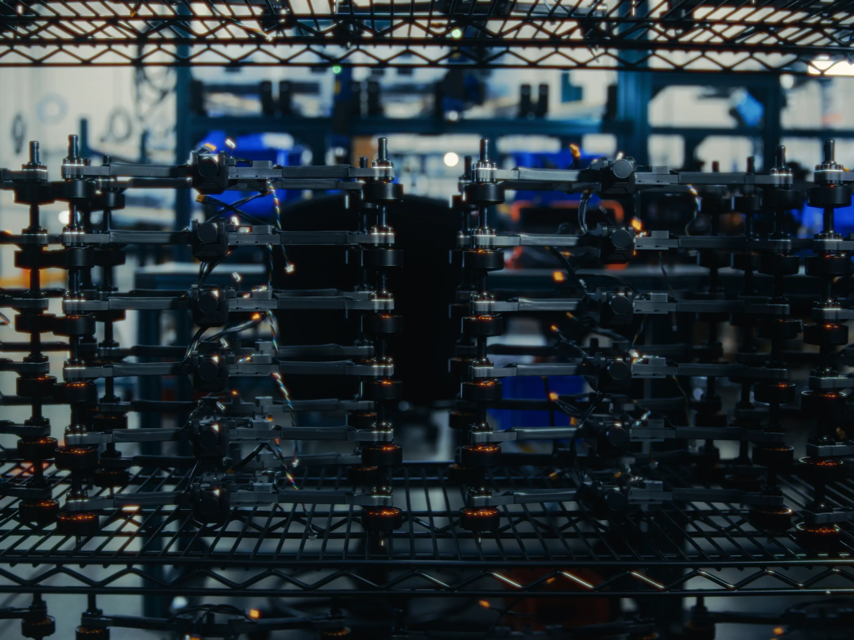 Metal racks holding multiple black drone frames with motors and wiring inside an industrial workshop.