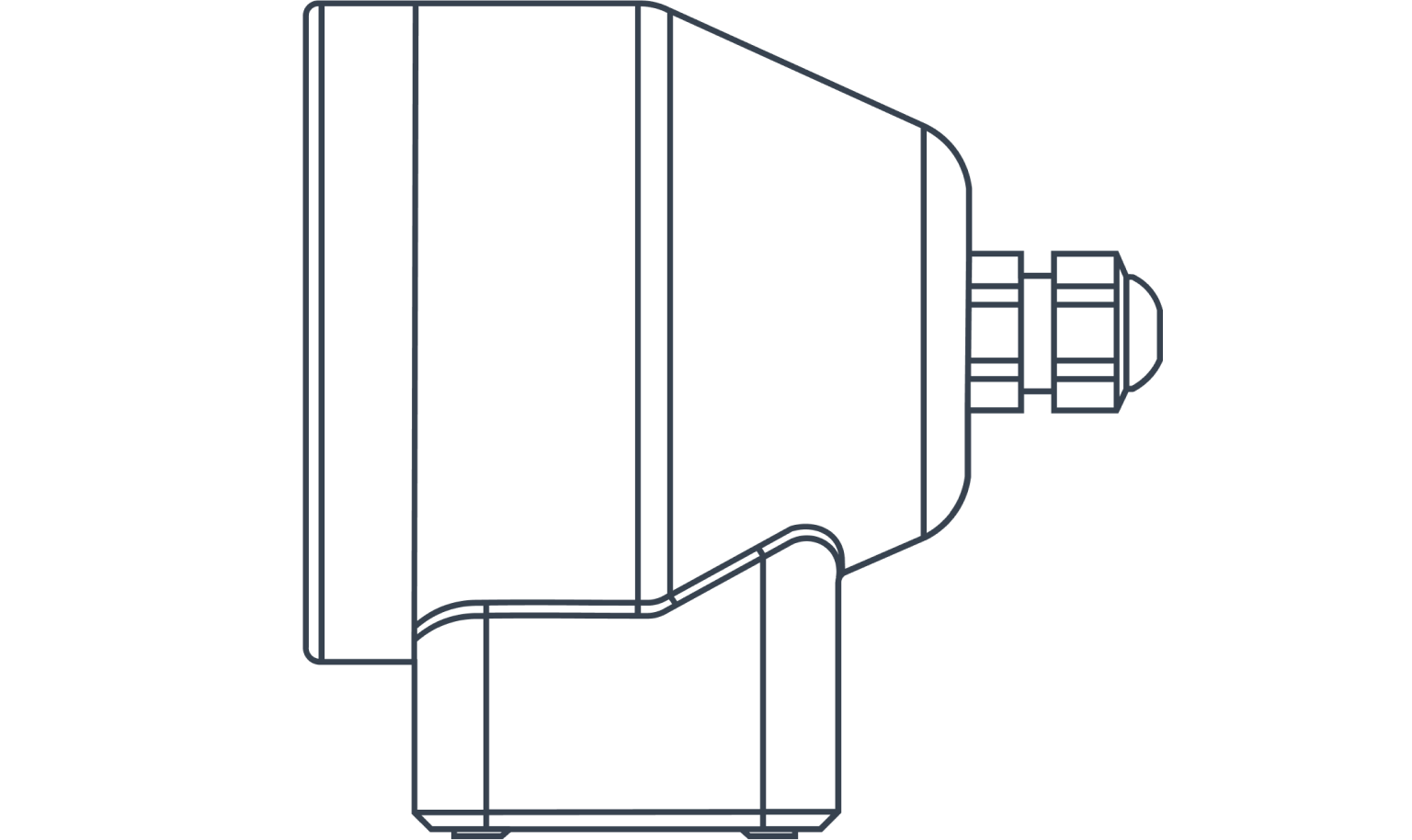 Line drawing of a handheld massage gun shown from the side with a rounded head attachment on the right end.