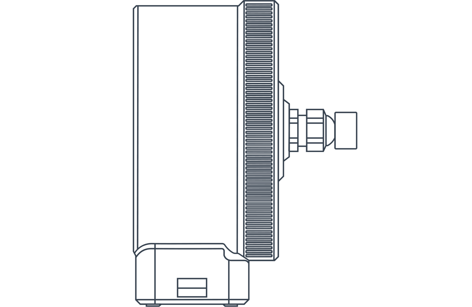 Technical line drawing of a cylindrical device featuring a detailed gear section on the right and a rectangular extension on the left.