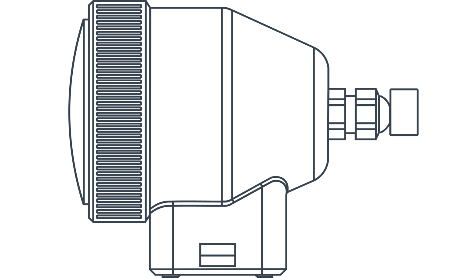 Technical line drawing of a camera lens showing side profile with detailed outer rings, lens barrel, and connection mount.
