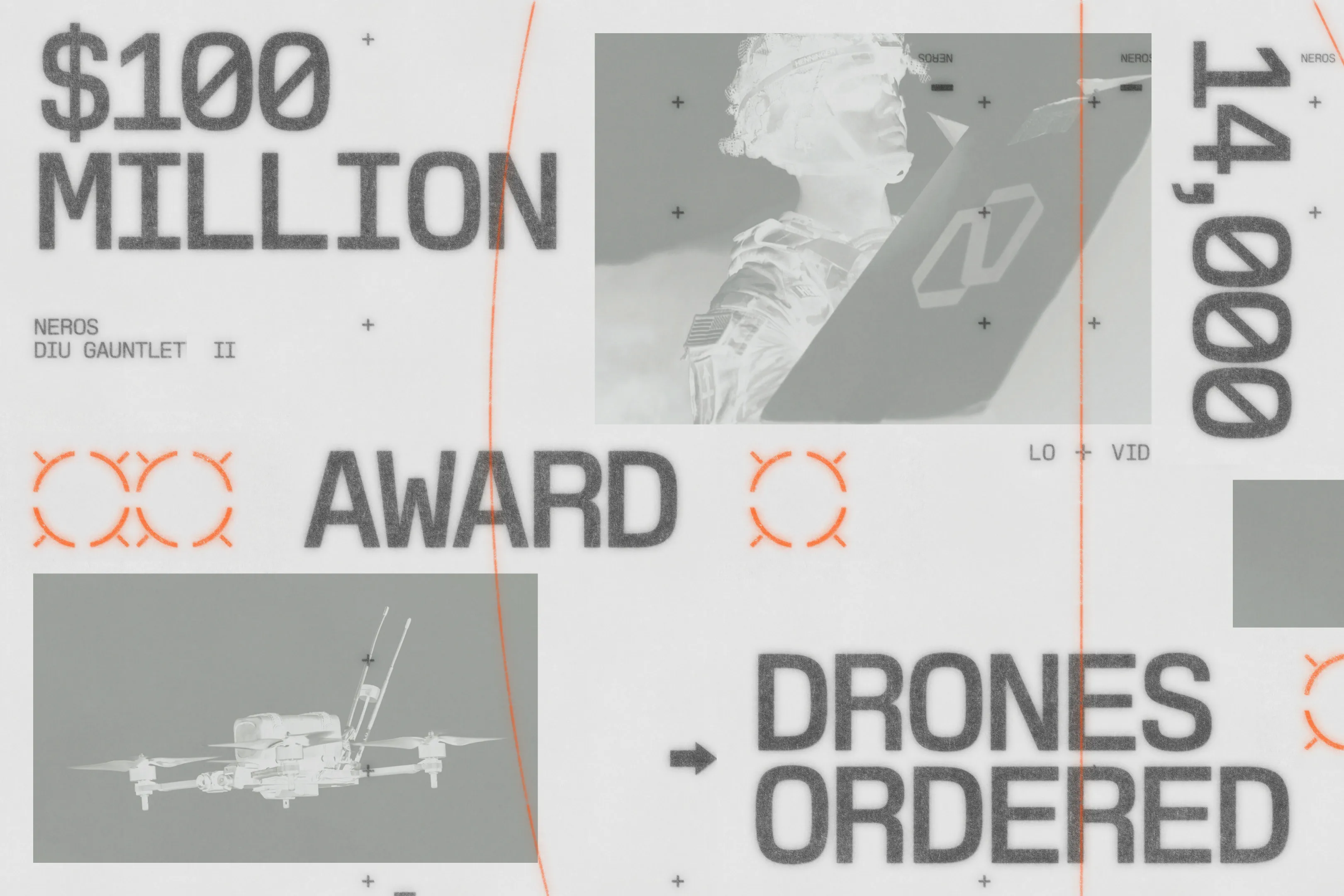 Graphic design render depicting Neros' announcement of $100M award and 14,000 drones ordered from Drone Dominance Gauntlet II.