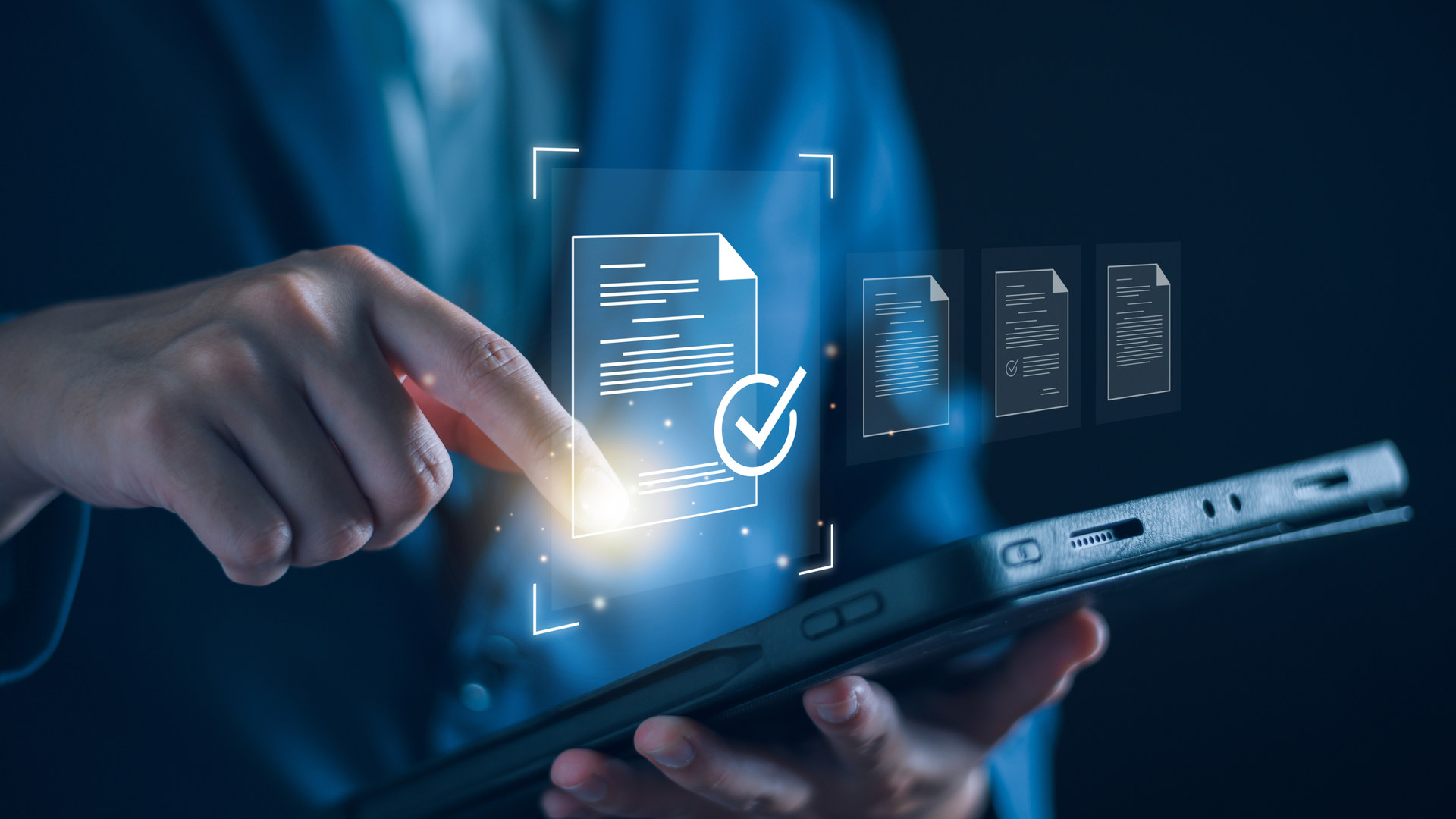 Hand interacting with a digital compliance checklist