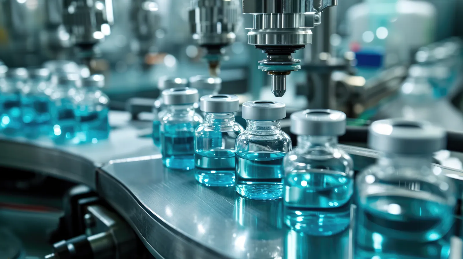 Filled glass vials moving along an aseptic filling line
