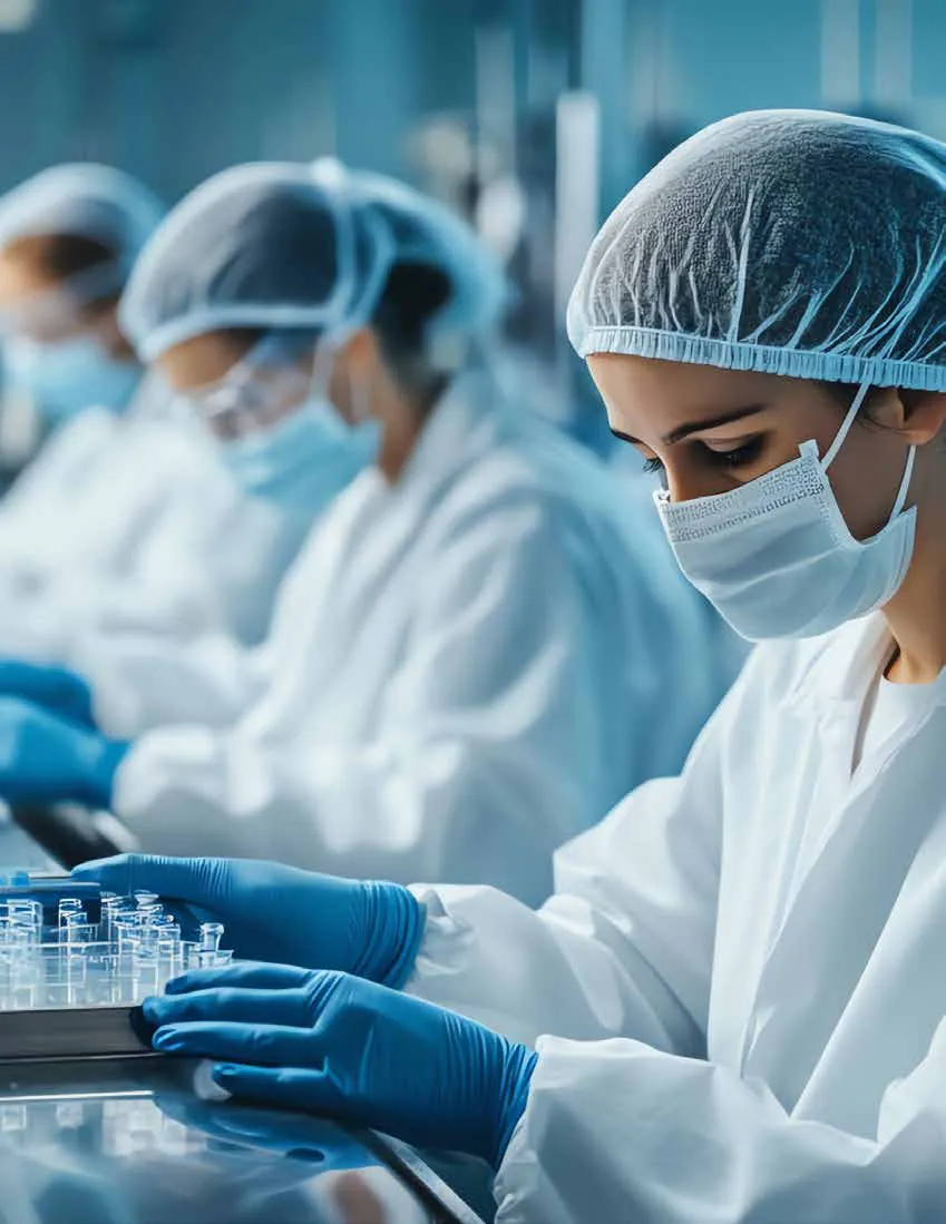 Technicians in cleanroom gowns working at a biopharma production station