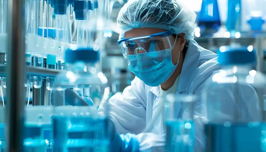 Scientist in protective goggles and mask working in a laboratory