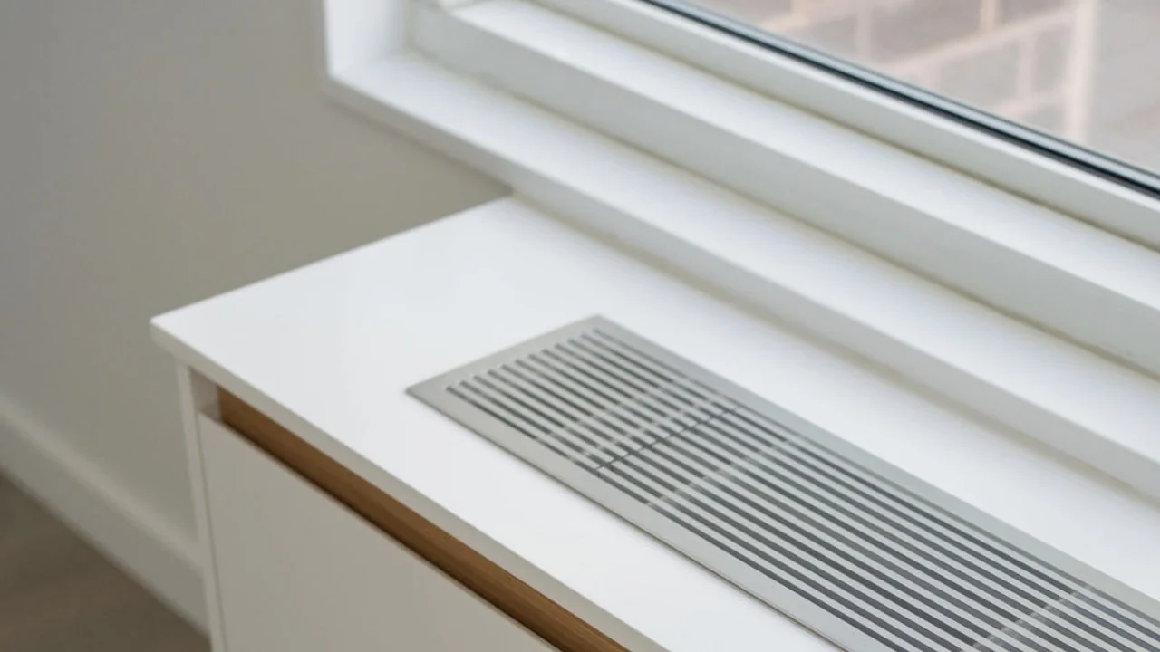 White radiator cover below a window with a recessed top ventilation grille and warm wood trim.