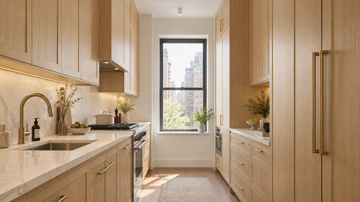 Small NYC galley kitchen with custom light oak cabinets, floor-to-ceiling storage, and marble countertops